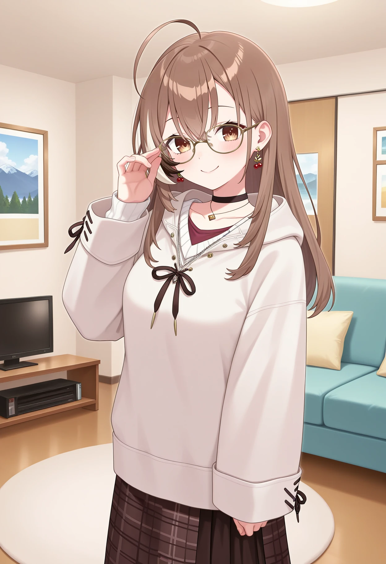 best quality, masterpiece, 1girl, ccmumei, long hair, streaked hair, brown hair, ahoge, earrings, glasses, brown eyes, black choker, necklace, white hoodie, long sleeves, long skirt, plaid skirt, brown skirt, <lora:nanashi_mumei_ilxl_v1:0.9>, standing, cowboy shot, living room, smile, adjusting eyewear,