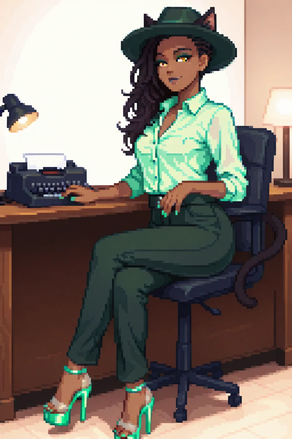 masterpiece, best quality. A full body image of a young beautiful woman. She is Dressed as a sexy private investigator, in a Collared Shirt, trousers, Fedora Hat, Platform Heels, Clear Heels, clear platform, Stripper Heels, Acrylic Heels, 6" Heels, 2" platform. toes, toenail polish. Confident, Proud, Alluring, Sitting in a chair, at a Desk, Legs Crossed, typewriter, Typing, mechanical typewriter, Smoky, Desk Lamp, Solo, perfect body, sexy, beautiful, eyeliner, Nail Polish. Pretty Nose. Anime, Pixel Art. pixelart. Pixel. SNES Graphics. SNES Style. tasteful sensuality, softcore. Sexy Cat Woman. Cat Ears, Cat Tail, Dark Skin, Long Hair, Dark Hair, (Cornrows:1.2), (Caribbean Woman:1.1), dark_skin, dark-skin, black woman. Small Breasts, Yellow Eyes,