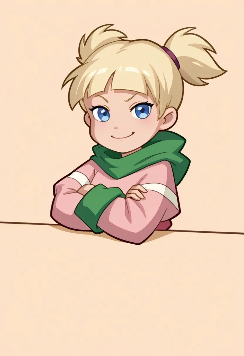 score_8, score_8_up, score_7_up, official art, source_cartoon, 1girl, solo, female focus, pe&tg, blonde hair, short twintails, red ponytail holder, blue eyes, smile, looking at viewer,&tg_def, green hood, pink croptop, short over long sleeves, green sleeves, green undershirt, Emoting_Mokou, chibi, crossed arms, smug, nodding,