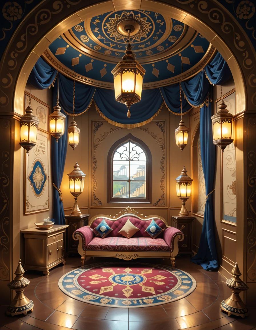 The interior of a genieâs lamp, imagined as a luxurious, mystical chamber with ornate Arabian decor. The space is curved and enclosed, with golden walls engraved with swirling patterns and ancient calligraphy. Rich fabrics in deep reds and purples drape from the ceiling and line the walls. A low, jewel-encrusted divan with embroidered cushions sits at the center on a circular mosaic floor. Hanging lanterns cast a warm, magical glow, reflecting off the golden surfaces. Incense burners rest in the corners, and the air seems to shimmer with enchantment. No characters are present.genie lamp 1nt3r10r, <lora:genie_lamp_1nt3r10r-p:1>,score_9, score_8_up, score_7_up,amazing quality, ultra realistic, 3D, HD, best quality, amazing quality, very aesthetic, absurdres,