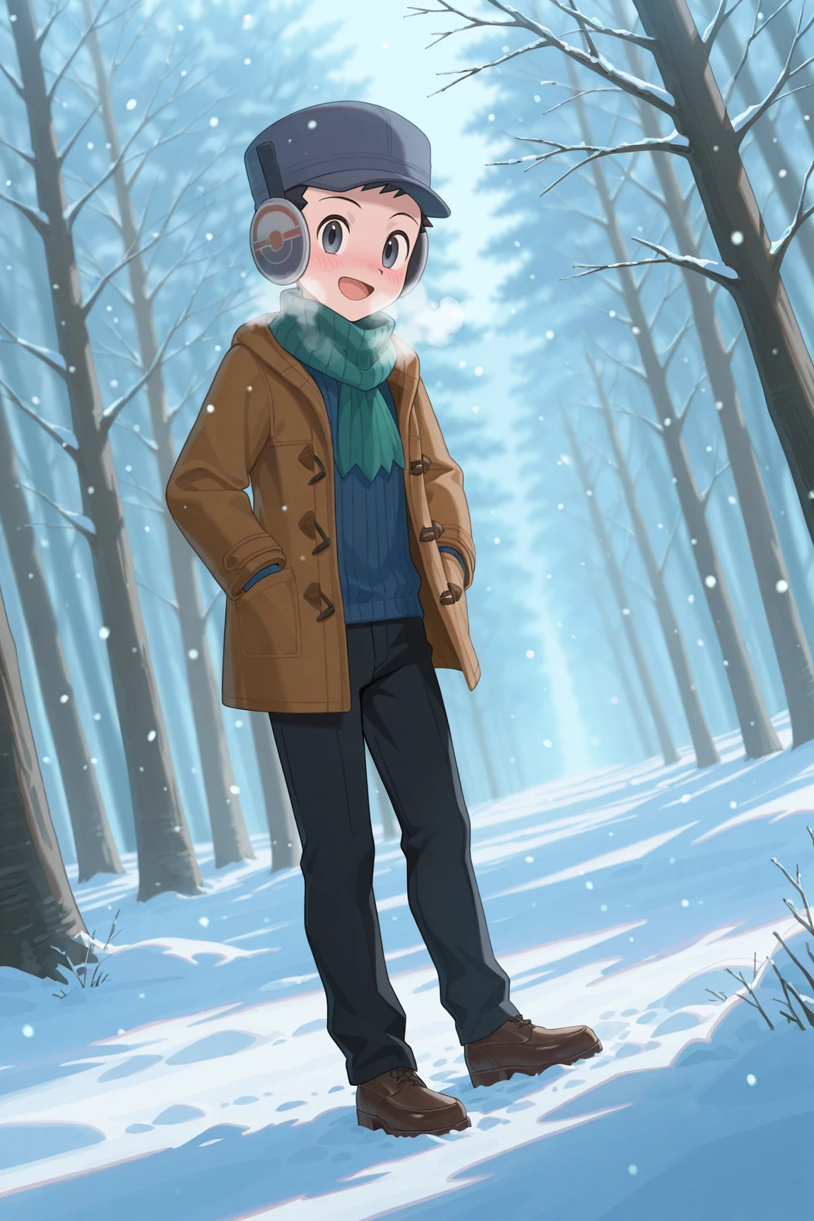 high resolution, ultra-detailed, absurdres, newest, scenery, depth of field, detailed background, very awa, shiny skin, volumetric lighting, intricately detailed illustration,
lucas_winter, black hair, grey eyes, winter clothes, brown coat, grey hat, blue sweater, green scarf, black pants, brown shoes, earmuffs, 1boy, blush, male focus, open mouth, breath, snowing, tongue, smile, bare tree