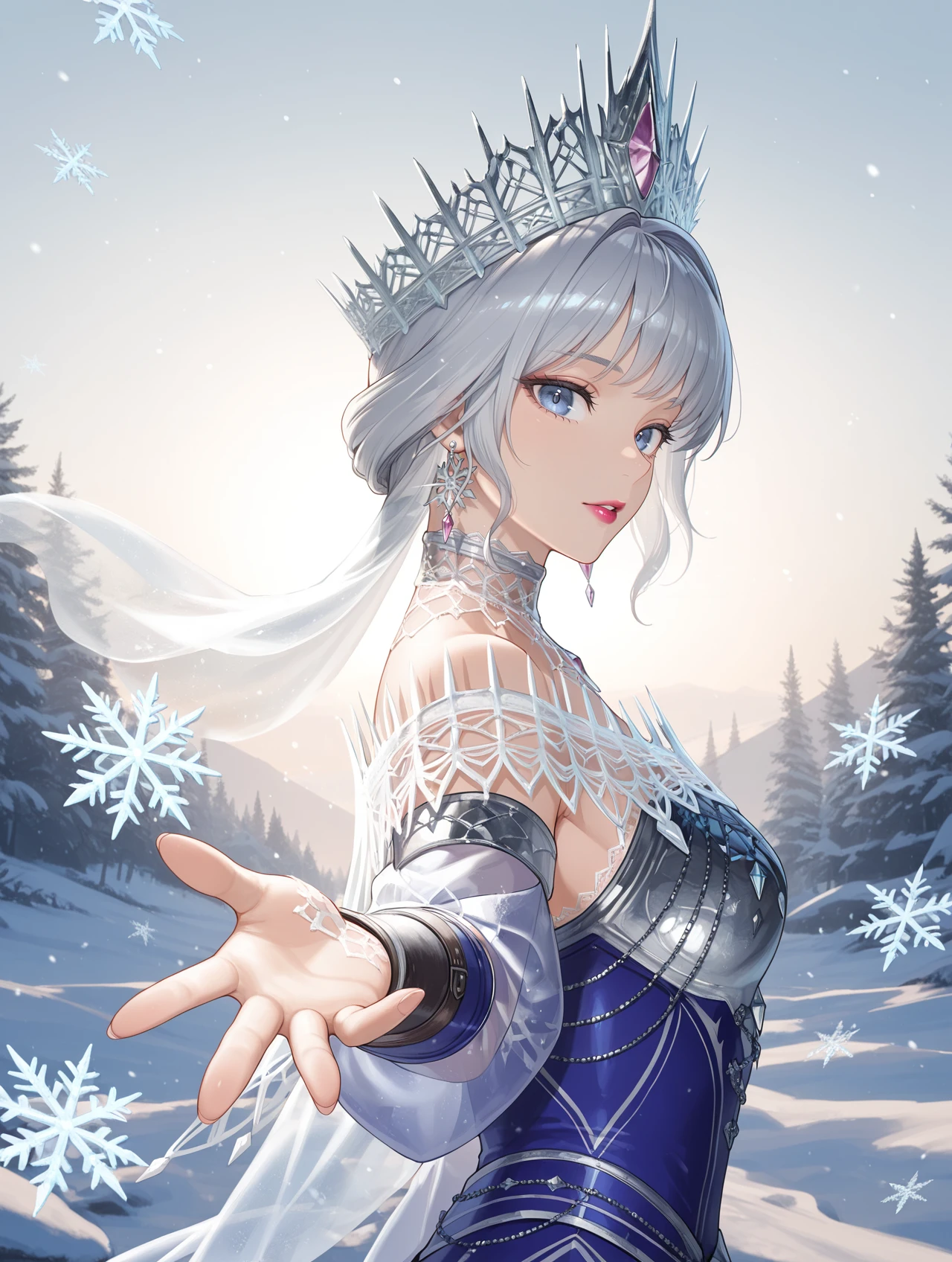 velkhana armor,blue long dress,1girl,solo,upper body,lipstick,silver crown,silver earrings,looking at viewer,snowflakes,outdoors, from side, outstretched hand,
masterpiece,best quality,amazing quality,very aesthetic,absurdres,newest,<lora:Velkhana Armor Beta illuXL v1.1:0.7>,