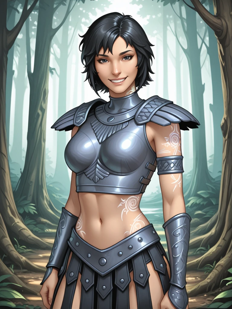 <lora:Lilith__Exalted:0.7>
lilithexalted,,short hair, black hair,black eyes,,armlet,,armor, midriff,,tattoo
standing in a forest, looking at viewer, smiling