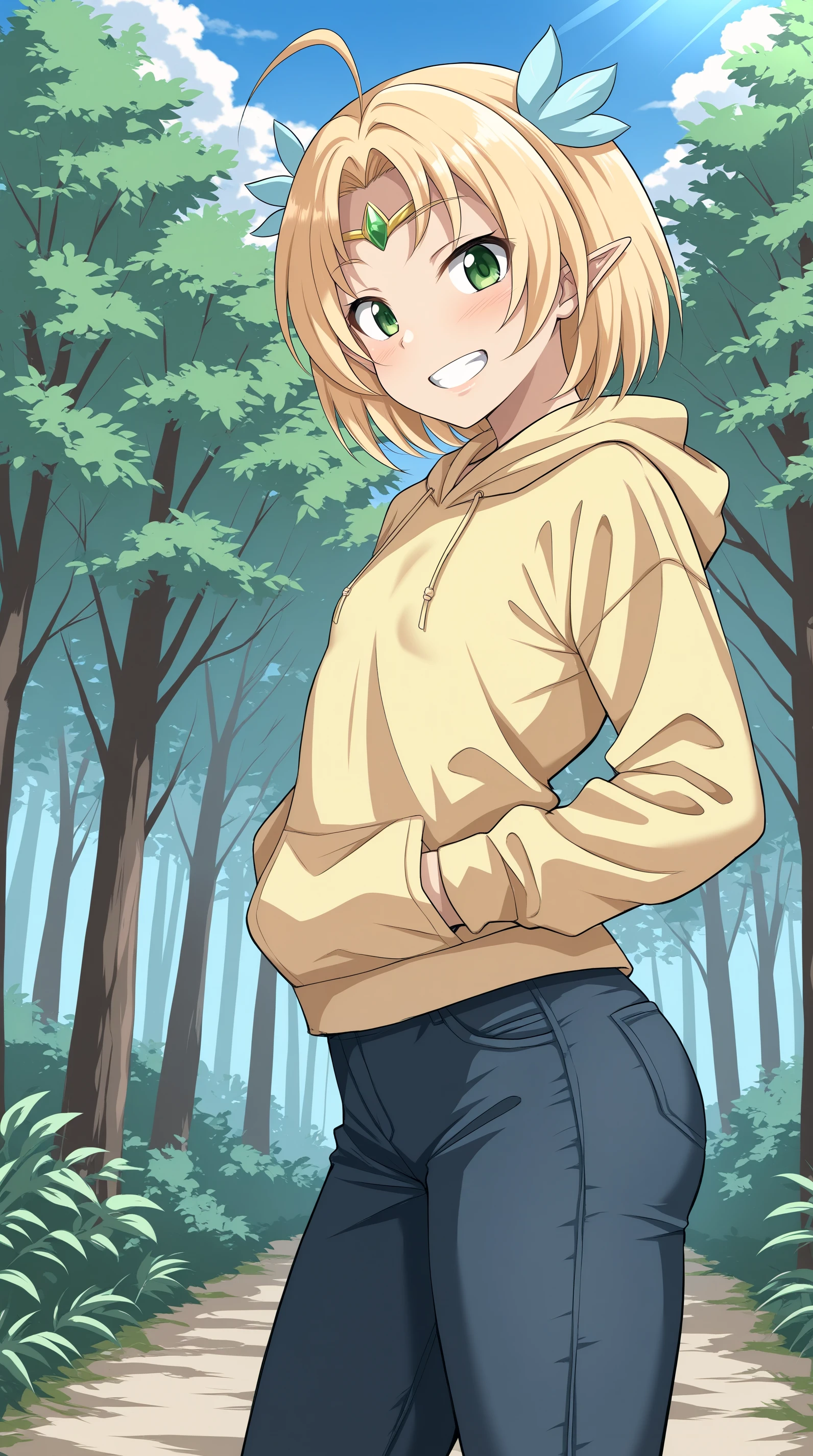 masterpiece, best quality, bs_style, 1girl, solo, lightgoldenrod yellow hair, aliceblue eyes, cowboy shot, Straight-leg pants, crewneck sweatshirt, slide sandals, picnic, cherry blossom tree, (spring:1.2), petals, grass, blanket, soft light, leisure, outdoors, flowers, <lora:bs_style:0.8>