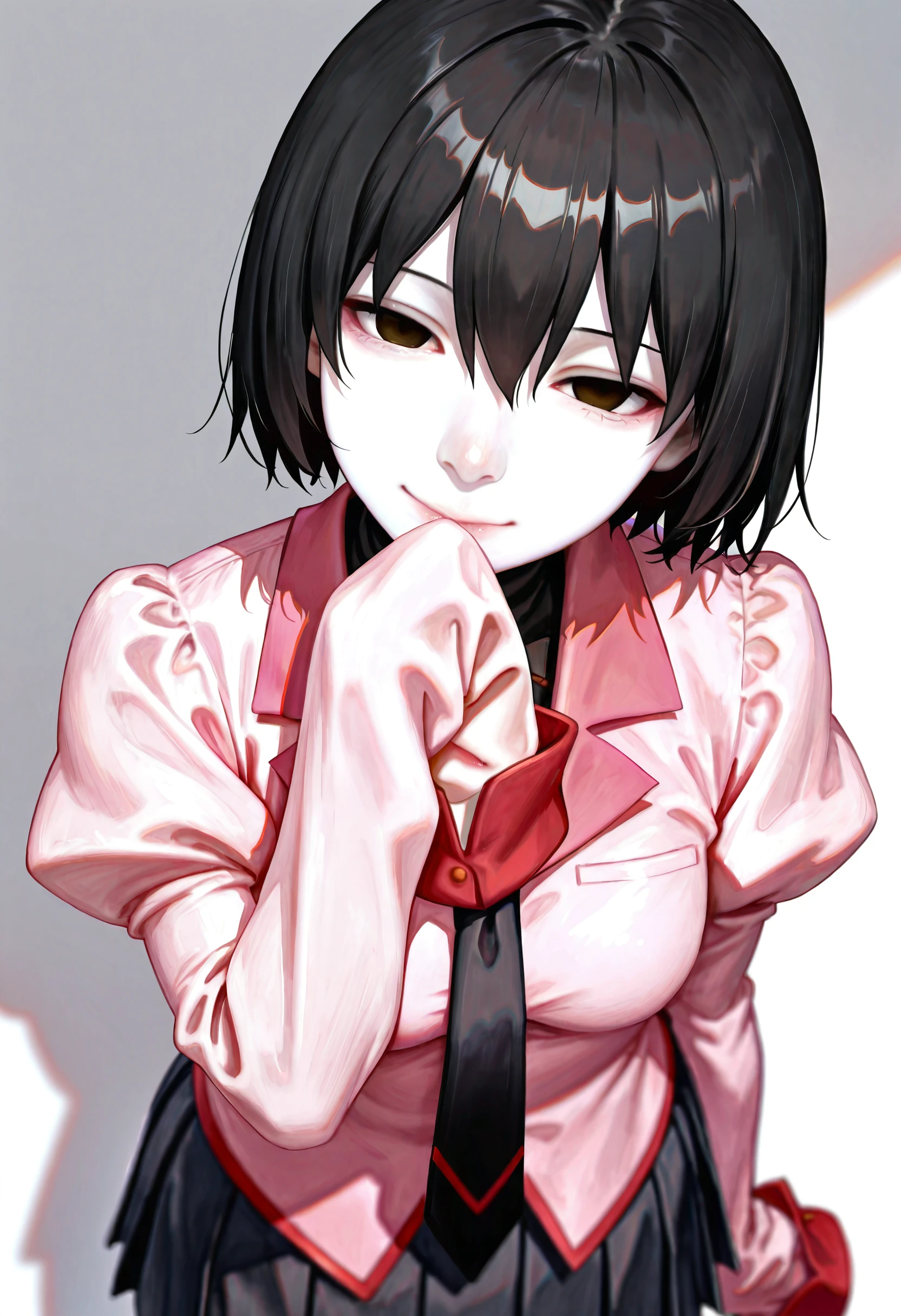 <lora:5p257uY55m95pyI5YWJ-illustriousXL_v01_V4-CAME-000035>, 5p2/57, realistic, oshino ougi, 1girl, naoetsu high school uniform, school uniform, black undershirt, sleeves past fingers, shirt, sleeves past wrists, solo, head tilt, pink shirt, short hair, necktie, looking at viewer, black hair, black necktie, black eyes, bob cut, breasts, smile, skirt, hand to own mouth, long sleeves, closed mouth, upper body, turtleneck, light smile, narrowed eyes, hair between eyes, pleated skirt, puffy sleeves, brown eyes, black skirt, pale skin, medium breasts, from above, very long sleeves