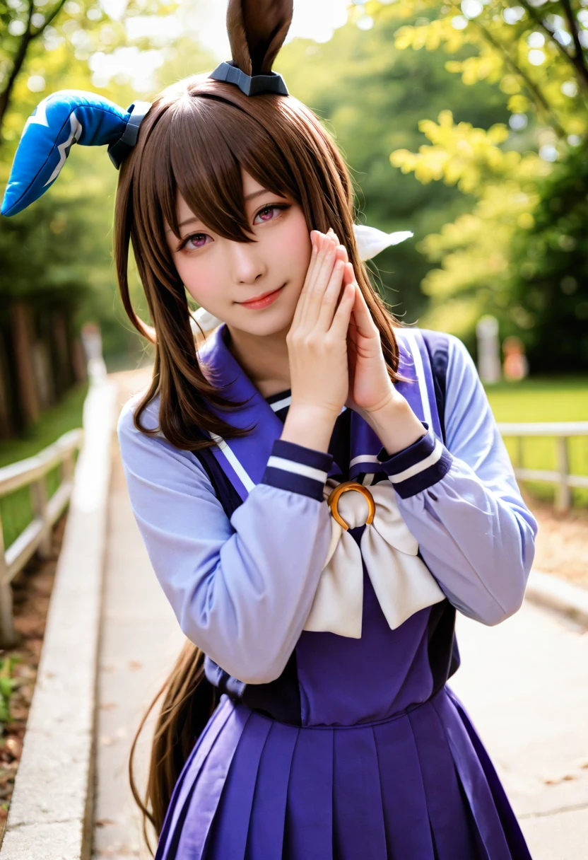 cosplay photo,an asian woman, cosplay,face,umamusume, admire vega \(mamusume\),1girl, animal ears, bow, bowtie, brown hair, closed mouth, ear covers, hair between eyes, hands up, horse ears, horse girl, long hair, long sleeves, looking at viewer, low ponytail, own hands together, pleated skirt, ponytail, purple sailor collar, purple shirt, purple skirt, sailor collar, school uniform, shirt, shirt tucked in, sidelocks, single ear cover, skirt, smile, solo, tracen school uniform, very long hair, white bow, white bowtie
(realistic,photorealistic:1.2),(very awa,masterpiece,best quality,newest,highres,absurdres:1),photo, cosplay photo,photo \(medium\),real life, real life insert, real world location, photo background <lora:asian cosplay photo-noob-V1-lora:0.8>