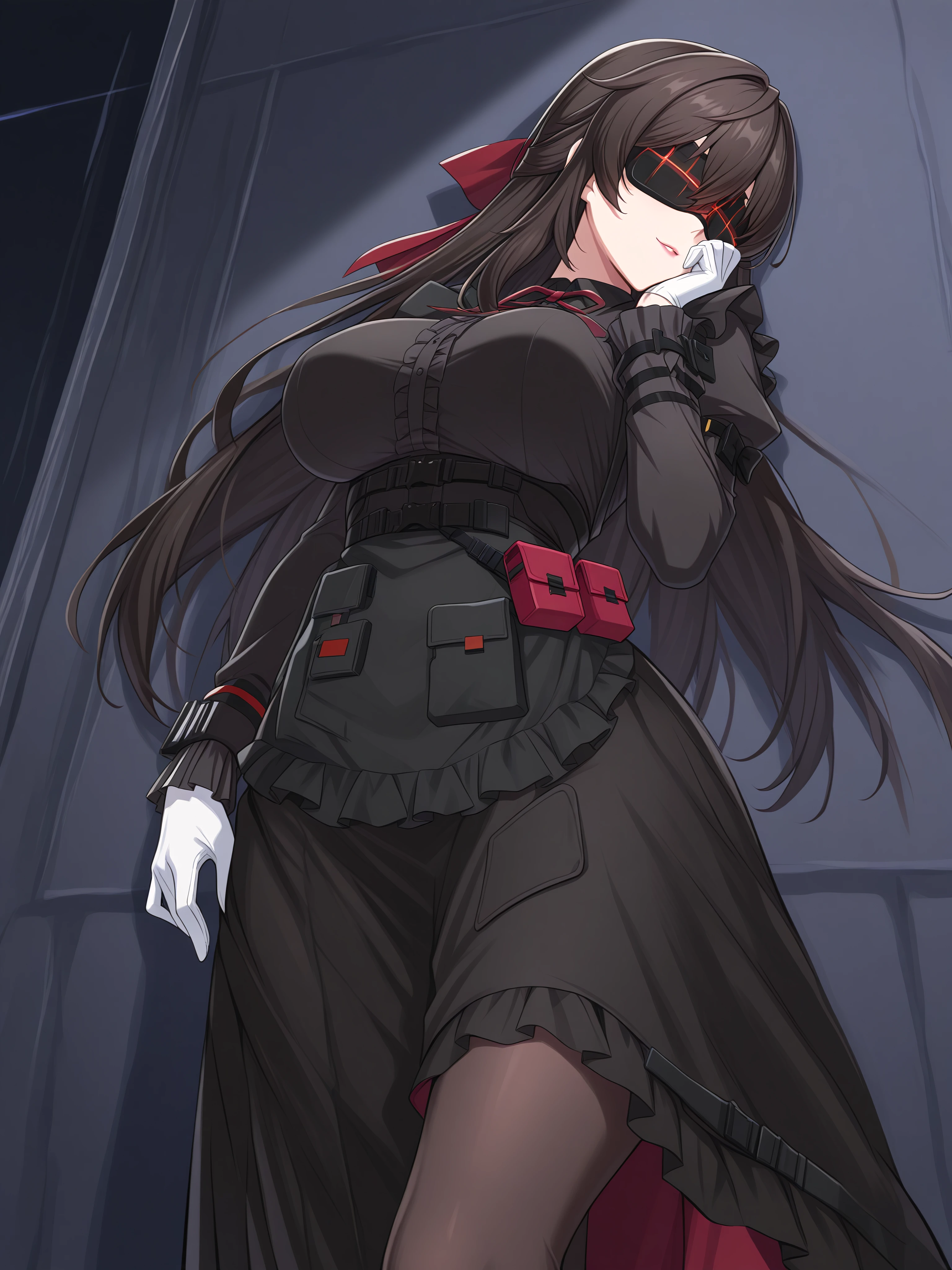 shin jia, blackroseoutfit, 1girl, solo, long hair, gloves, white gloves, covered eyes, pantyhose, frills, pouch, large breasts, apron, long sleeves, black dress, long skirt, layered skirt, ribbon, puffy sleeves, ops dress, night, dark alleyway background, leaning on the wall, seductive smirk
<lora:XL-ShinJiav3.5EX-B-ILXL:1>, (masterpiece),(best quality),(ultra-detailed),(best illustration),(best shadow),(absurdres),(detailed background),(very aesthetic),