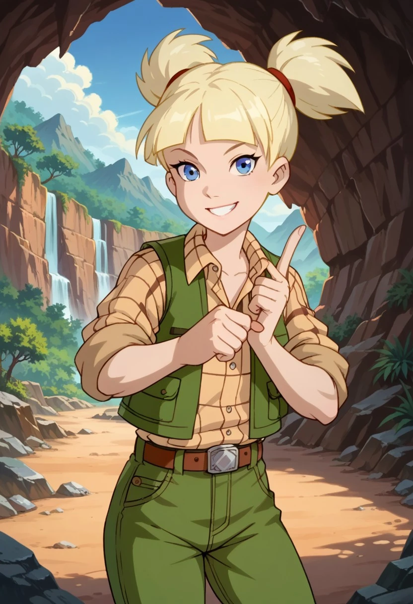 score_8, score_8_up, score_7_up, official art, source_cartoon, 1girl, solo, female focus, pe&tg, blonde hair, short twintails, red ponytail holder, blue eyes,&tg_we, collared shirt, checkered shirt, green vest, open vest, sleeves rolled up, belt, belt buckle, green jeans, cowboy shot, outdoors, canyon, standing, looking at viewer, finger gun, arm at side, pointing at viewer, smile,