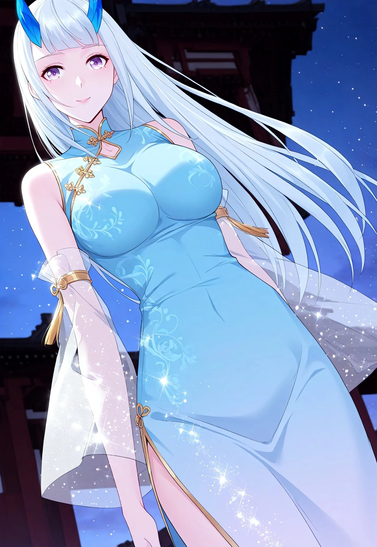 Smooth Quality, highres, hi res, best quality, masterpiece, intricate details, absurdres, 8k, (official art, anime screencap:1.1), glitter, depth of field, pinup, Glamor,
BREAK
BREAK
outdoors, chinese background ,
dutch angle, smile,
XJUNXUE, 1girl, white hair, Long hair, purple eyes, chinese dress, detached sleeves, breast, blue horns,