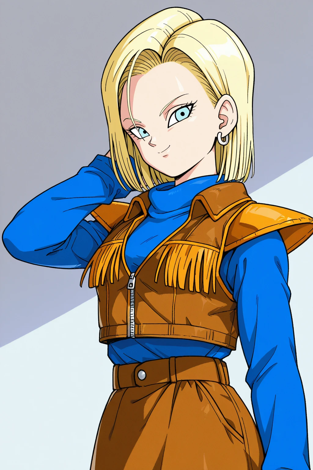 (high quality:1.1), detailed face, android 18, cowgirl_outfit, 1girl, solo, looking at viewer, smile, short hair, blue eyes, skirt, blonde hair, shirt, long sleeves, jewelry, earrings, vest, adjusting hair, brown skirt, fringe trim, button, turtleneck, brown jacket, shoulder pads, zipper, blue shirt
