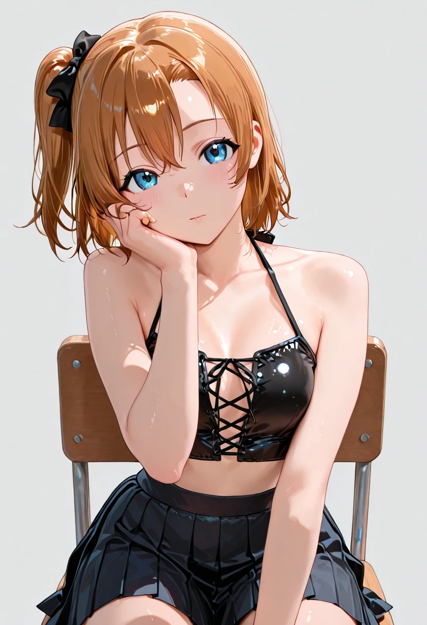 1girl, kosaka honoka,
simple background, sitting on chair, head rest, looking at viewer,
<lora:Cross-laced_Halterneck_Crop_Top_with_Skirt_IL:1> black crop top, halterneck, cross-laced top, pleated skirt, masterpiece, best quality, amazing quality, very aesthetic, high resolution, ultra-detailed, absurdres, newest,