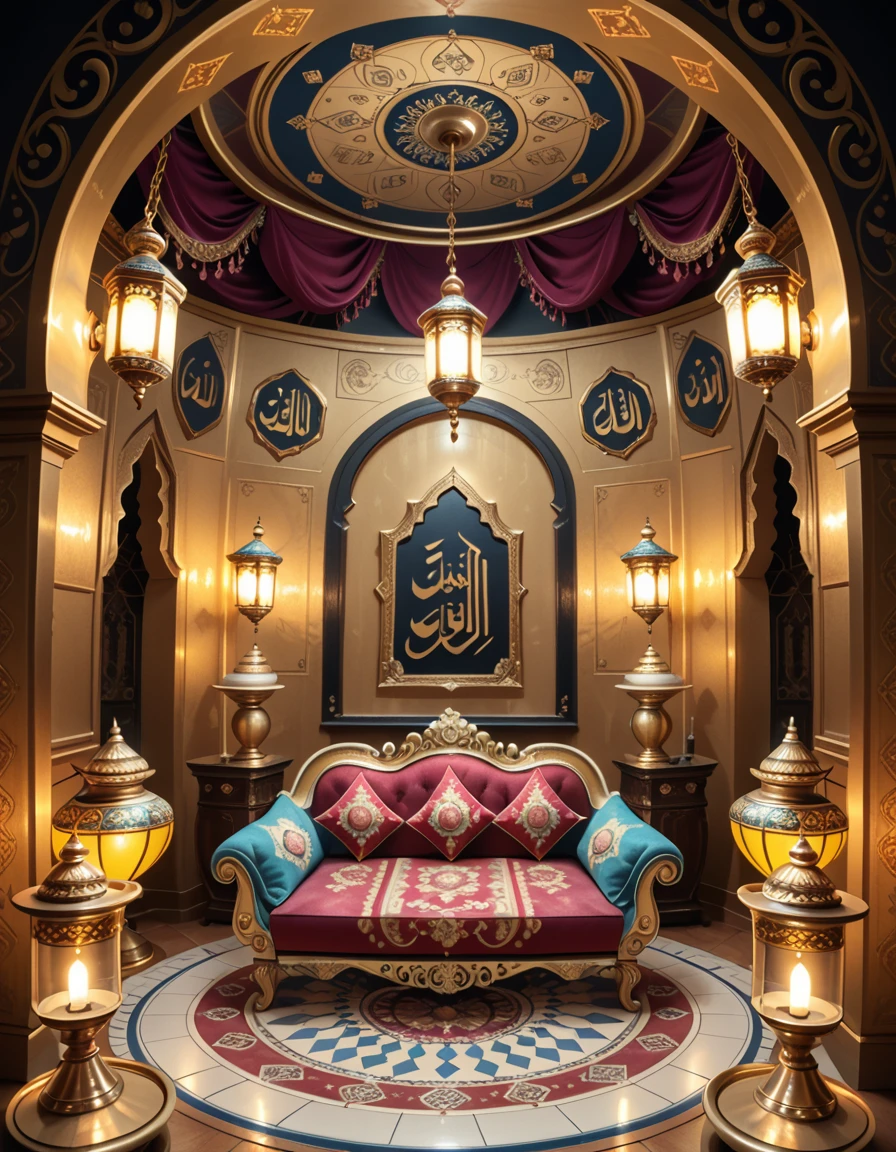 The interior of a genieâs lamp, imagined as a luxurious, mystical chamber with ornate Arabian decor. The space is curved and enclosed, with golden walls engraved with swirling patterns and ancient calligraphy. Rich fabrics in deep reds and purples drape from the ceiling and line the walls. A low, jewel-encrusted divan with embroidered cushions sits at the center on a circular mosaic floor. Hanging lanterns cast a warm, magical glow, reflecting off the golden surfaces. Incense burners rest in the corners, and the air seems to shimmer with enchantment. No characters are present.genie lamp 1nt3r10r, <lora:genie_lamp_1nt3r10r-p:1>,score_9, score_8_up, score_7_up,amazing quality, ultra realistic, 3D, HD, best quality, amazing quality, very aesthetic, absurdres,