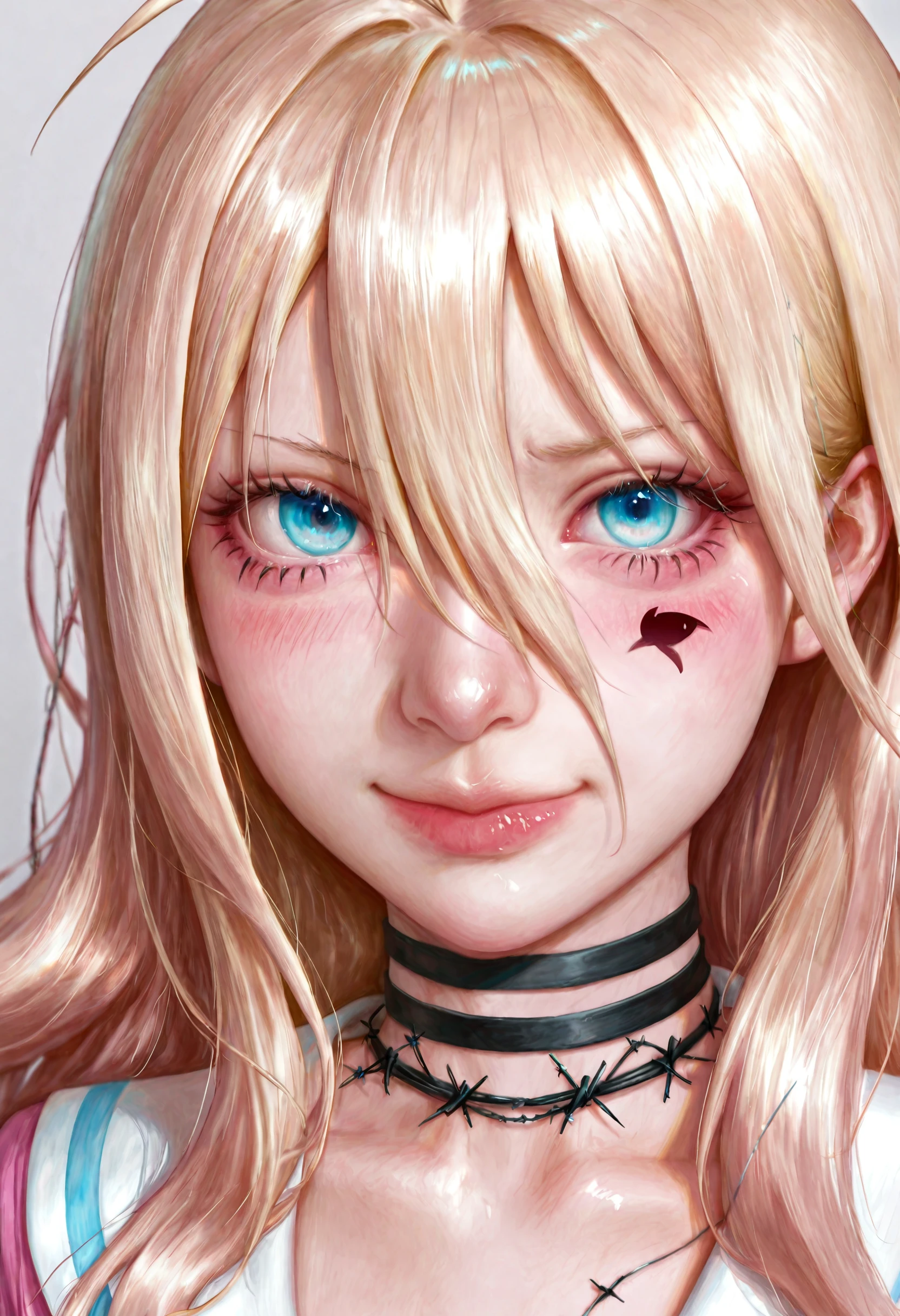 <lora:5p257uY55m95pyI5YWJ-illustriousXL_v01_V4-CAME-000035>, 5p2/57, realistic, iruma miu, 1girl, barbed wire, solo, blonde hair, hair between eyes, choker, portrait, looking at viewer, blue eyes, black choker, long hair, closed mouth, blush, smile, lips, grey background