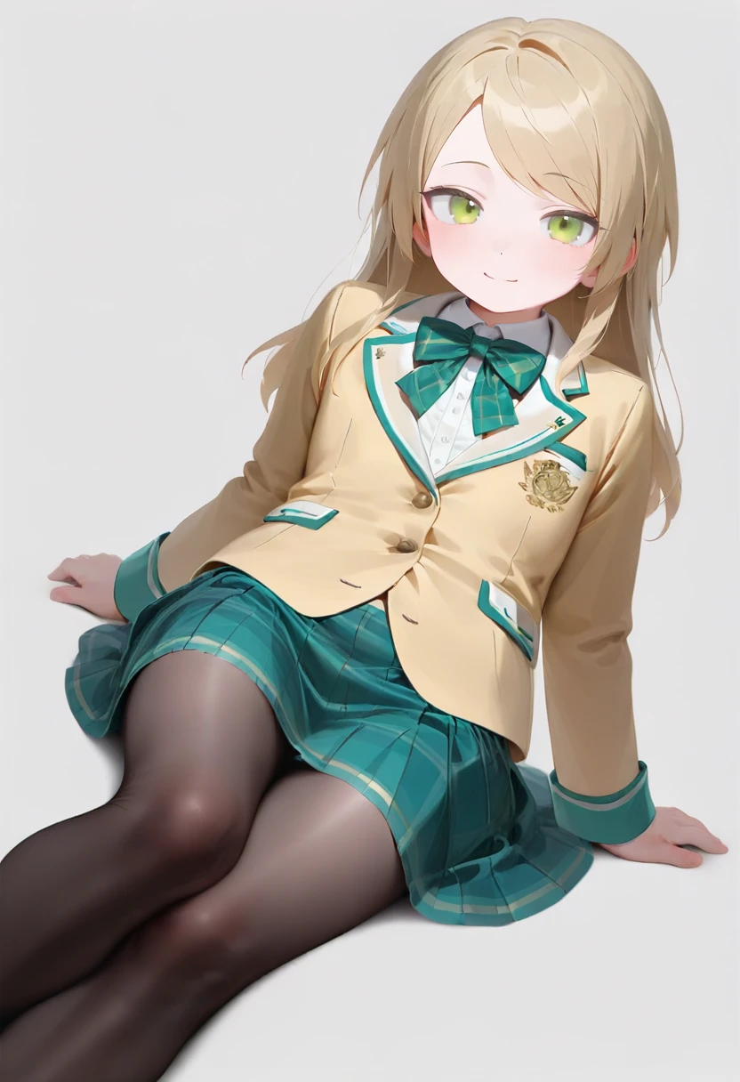 1boy,male focus,shiratori aira \(ensemble stars!\),ensemble stars!,shiratori aira \(scramble private academy\) \(ensemble stars!\),arms at sides,black pantyhose,blazer,blonde hair,bow,bowtie,buttons,closed mouth,collared shirt,crossdressing,dot nose,feet out of frame,green bow,green bowtie,green eyes,green skirt,jacket,knee up,lapels,leaning back,light blush,light smile,long hair,long sleeves,looking at viewer,official alternate costume,official alternate hair length,official alternate hairstyle,otoko no ko,pantyhose,plaid bow,plaid bowtie,plaid clothes,pocket,school uniform,see-through clothes,see-through legwear,shirt,short eyebrows,simple background,sitting,skirt,solo,split mouth,straight-on,swept bangs,white background,white shirt,wing collar,yellow jacket <lora:XI410XL_il1_lokr_V6311P:0.95>