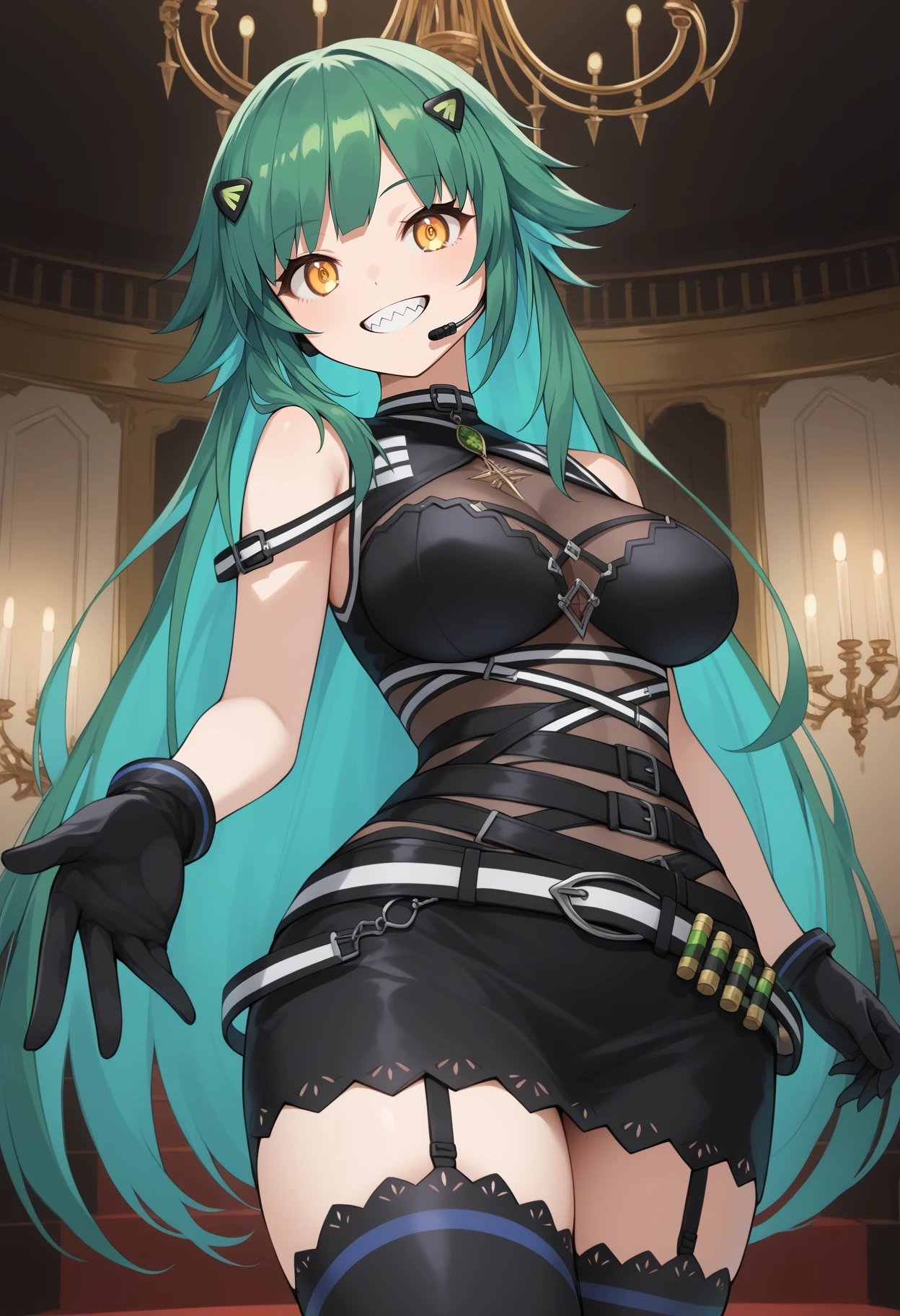 score_9, score_8_superior, score_7_superior, sauce_Anime BREAK 1 Girl, alone, Kilo, Green Eyes, Green Hair, Long Hair, hair band, Black Hair Ribbon, Fur trim, Grey leotard, black sleeves, Long sleeve, Black Skirt, pantyhose, gloves
