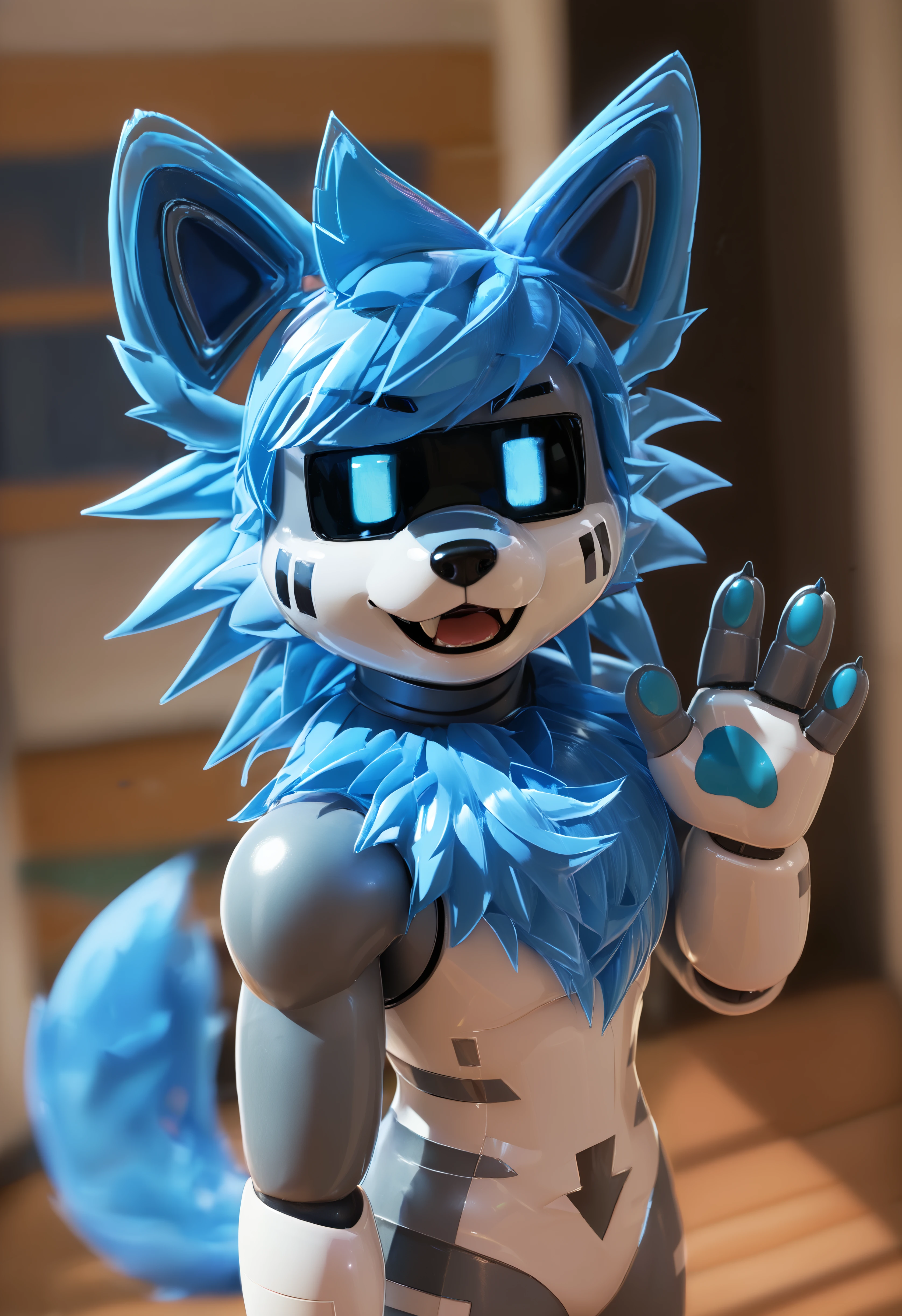 score_9, score_8_up, score_7_up, source_furry, high quality, hires, furry, anthro, looking at viewer, barefoot, adult, dutch angle, pr0t0type, robot, changed, solo, furry, tail, looking at viewer, fangs, tail, metal body, blue hair, digital eyes, (close up, full face shot, headshot:1.25), athro, furry, lusty, pawpads, waving, chest tuft, selfie, tail, ^_^, side view <lora:Prototype_Changed_Pony:0.8>