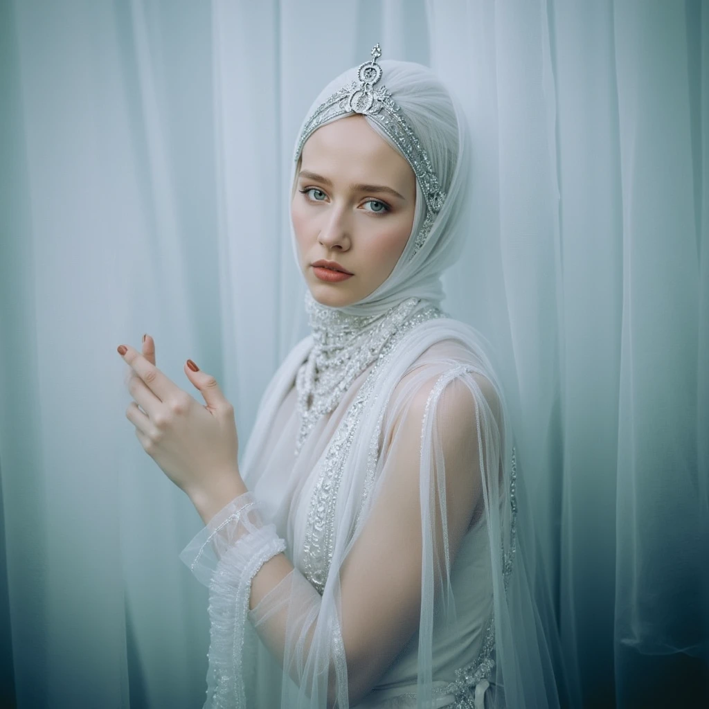 Ultra quality, ultra detailed colors and textures, ultra realistic, ultra lighting, cinematic, ethereal atmosphere, ethereal woman, analog photography, analog half-body shot of a noble spiritual healer standing before a sheer veil of fog, wearing a snow-white high-necked gown adorned with embroidered runes, a fine silver circlet resting gently on her forehead, pale hair glowing faintly in soft ambient light, her eyes open and steady, lips slightly parted in silent mantra, shot on Leica M6 with Ilford Delta 3200, grainy monochrome elegance, dreamlike poise and sacred mystery