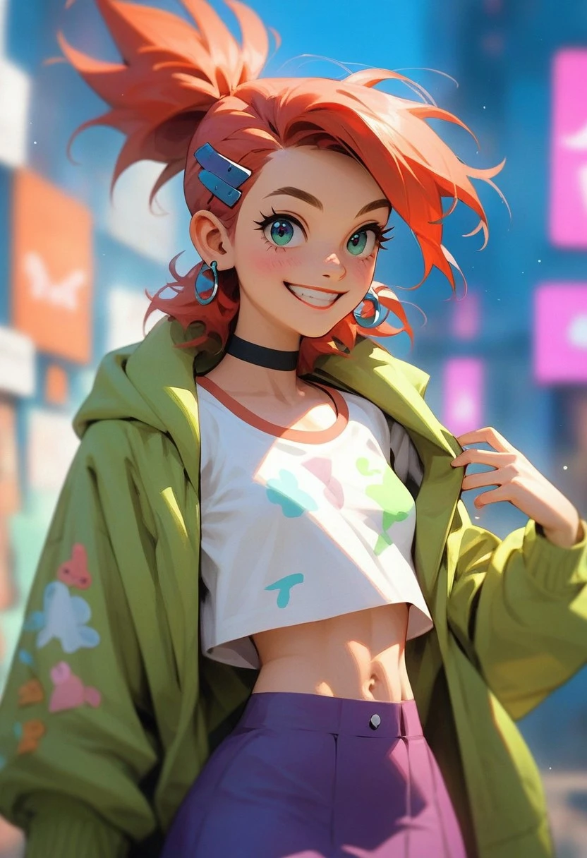 score_9, score_8_up, score_7_up, BREAK, score_9, score_8_up, score_7_up, Expressiveh, one sexy girl, 1girl, Frankiefoster (/FHfIF)/,(ultra HD quality details), ponytail, hair ornament, earrings, black choker, shirt, green jacket, midriff, purple skirt, small breasts, narrow waist, wide hips, skinny, looking at viewer, smile, upper body, depth of field,