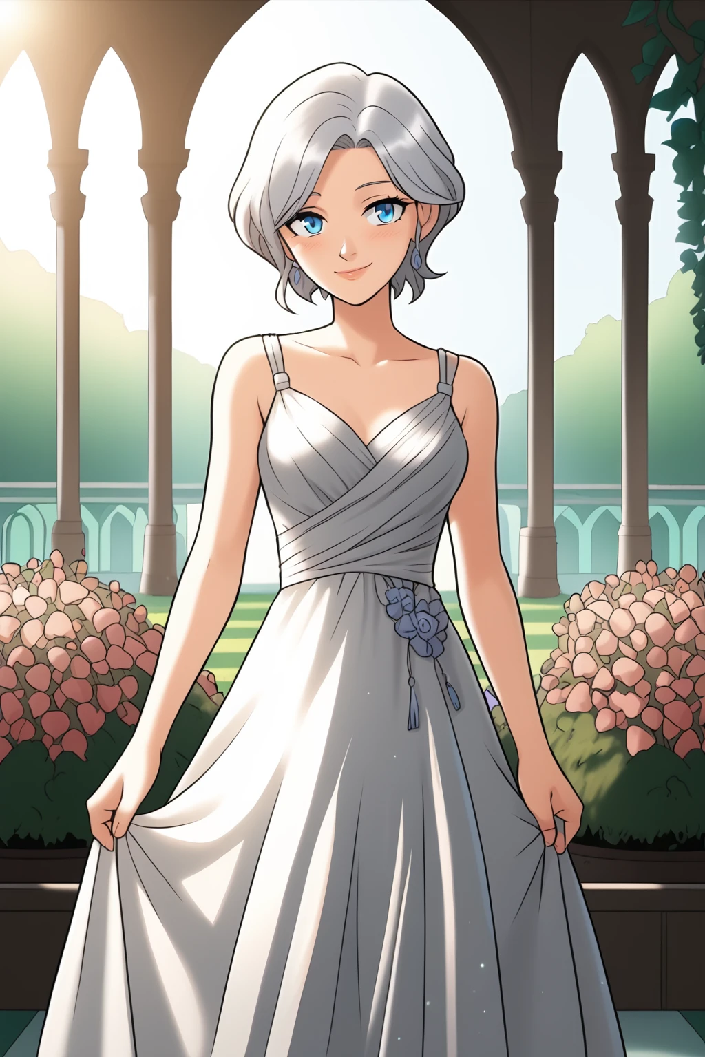 <lora:HHFinalStyle:1> hhfinalstyle, masterpiece, best quality, anime style, ultra-detailed, short silver hair, blue eyes, slim figure, elegant dress, standing in a flower garden, soft sunlight, gentle smile, cinematic lighting
