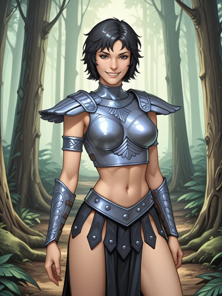 <lora:Lilith__Exalted:0.7>
lilithexalted,,short hair, black hair,black eyes,,armlet,,armor, midriff,,
standing in a forest, looking at viewer, smiling