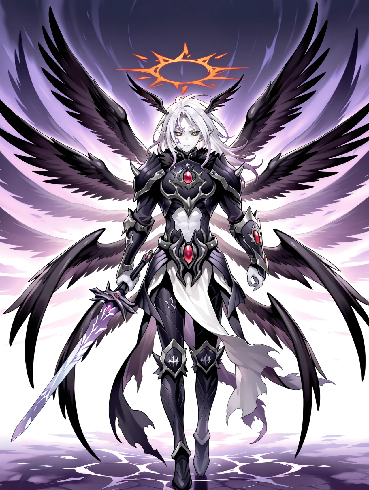 1boy, the first darklord, purple sword, male focus, red halo, solo, holding purple sword, white skin, angel, spikes, black head wings, facial tattoo, colored sclera, full body, black angel wings, black armor, black armored boots, black breastplate, black pauldrons, black vambraces, white pelvic curtain, multiple wings, official art,
masterpiece,best quality,amazing quality,very aesthetic,absurdres,newest,<lora:The first DarkLord illusXL v1:0.77>,<lora:wai-2Rectified-V140:0.7>,