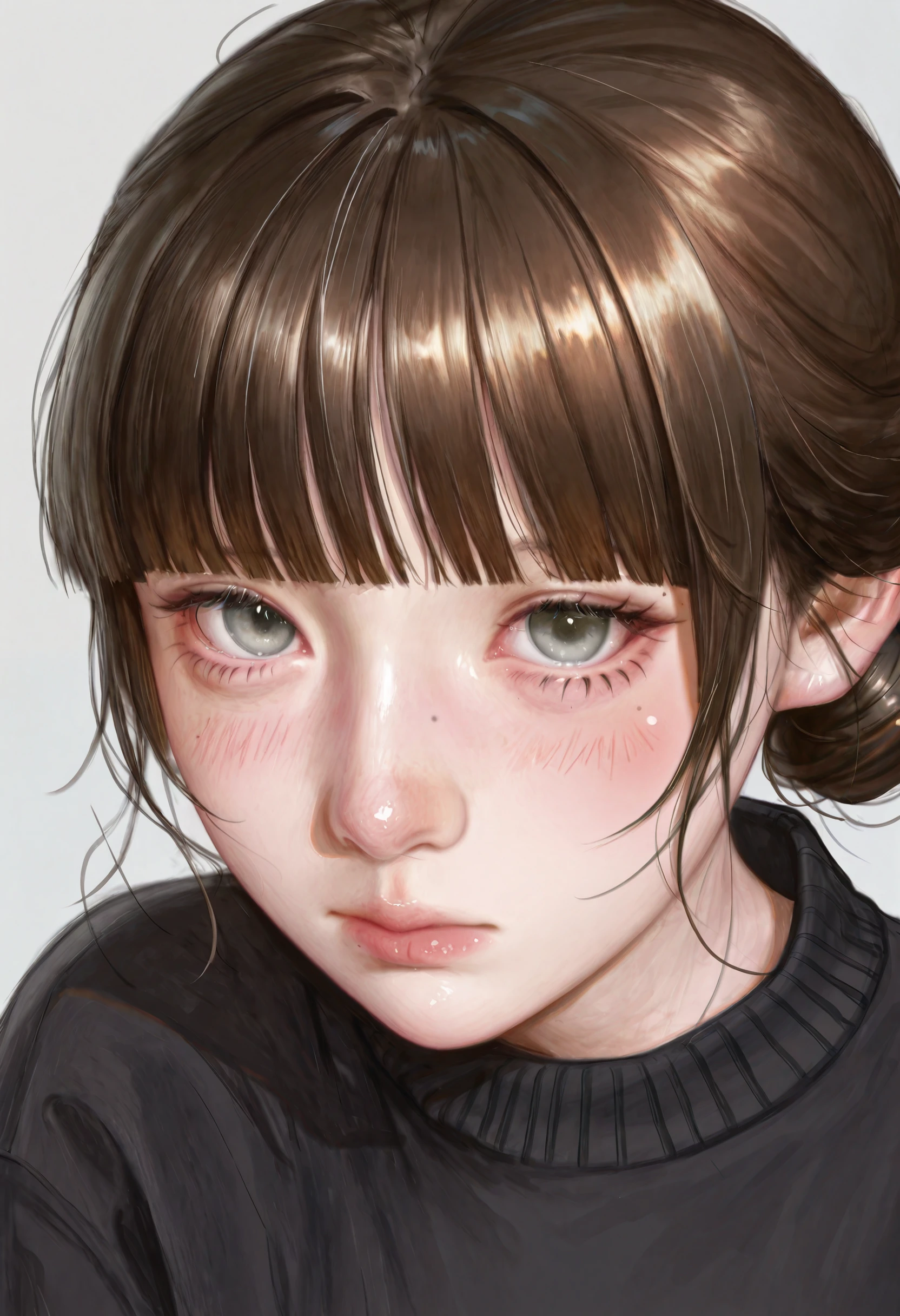 <lora:5p257uY55m95pyI5YWJ-illustriousXL_v01_V4-CAME-000035>, 5p2/57, realistic, 1girl, solo, portrait, mole under eye, looking at viewer, mole, grey background, hair bun, grey eyes, single hair bun, simple background, brown hair, closed mouth, blush, black shirt, black sweater, shirt, blunt bangs, close-up, sketch, sweater