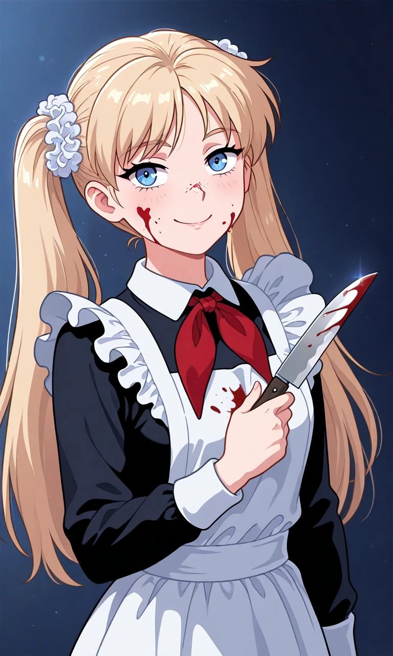an russian woman with blood on her face, holding a knife at her , 1girl, blue eyes, blonde hair, solo, long hair, blood, shirt, blood on face, looking at viewer,upper body, smile,1girl, long hair, twintails, blonde hair, white scrunchie, blue eyes, school uniform, red neckerchief, collared dress, black dress, frills, white apron, long sleeves, white wristband,richard corben