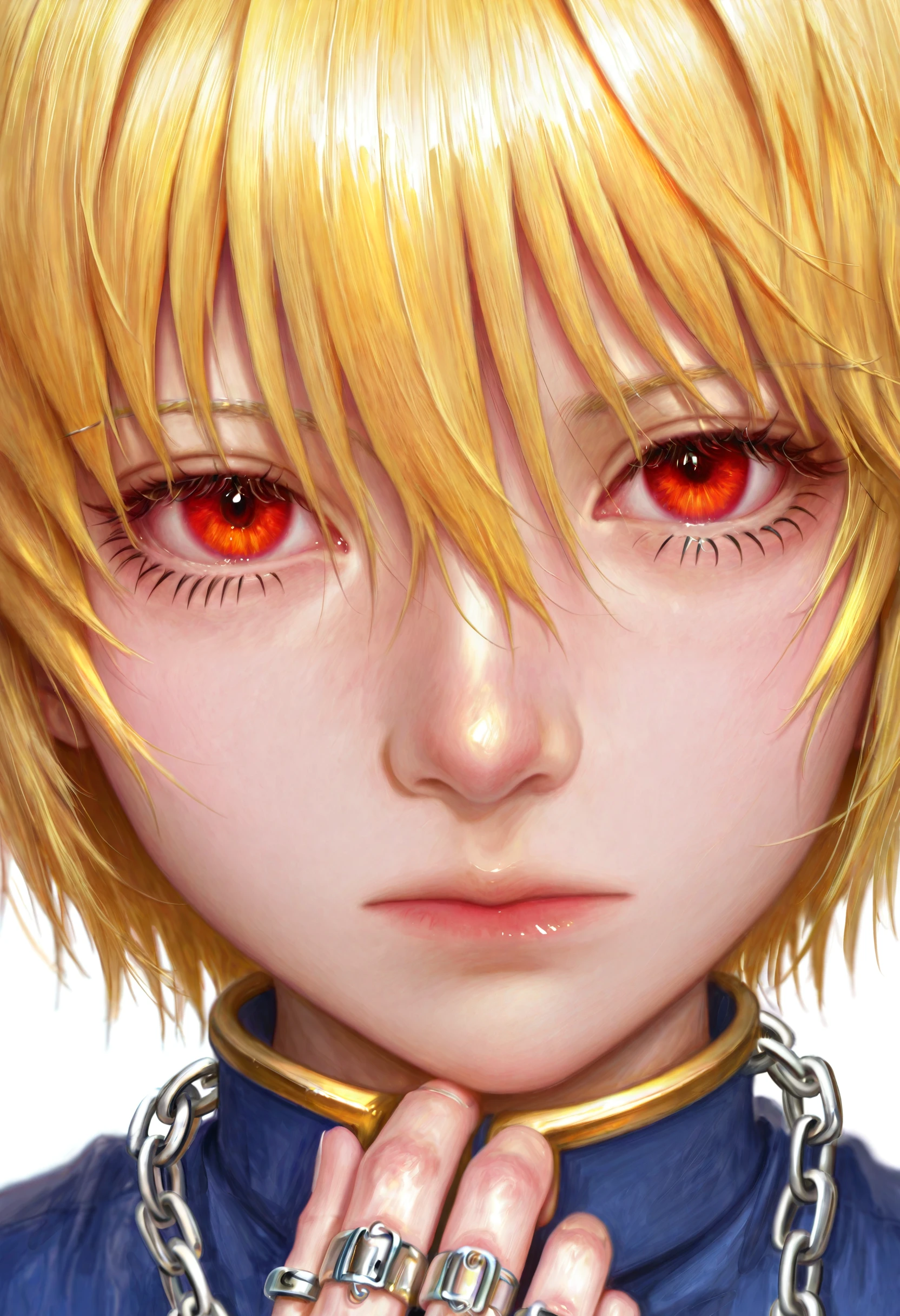 <lora:5p257uY55m95pyI5YWJ-illustriousXL_v01_V4-CAME-000035>, 5p2/57, realistic, kurapika, 1boy, red eyes, blonde hair, solo, male focus, multiple rings, ring, looking at viewer, short hair, jewelry, white background, hair between eyes, closed mouth, androgynous, simple background, portrait, chain, thumb ring, eyelashes, expressionless