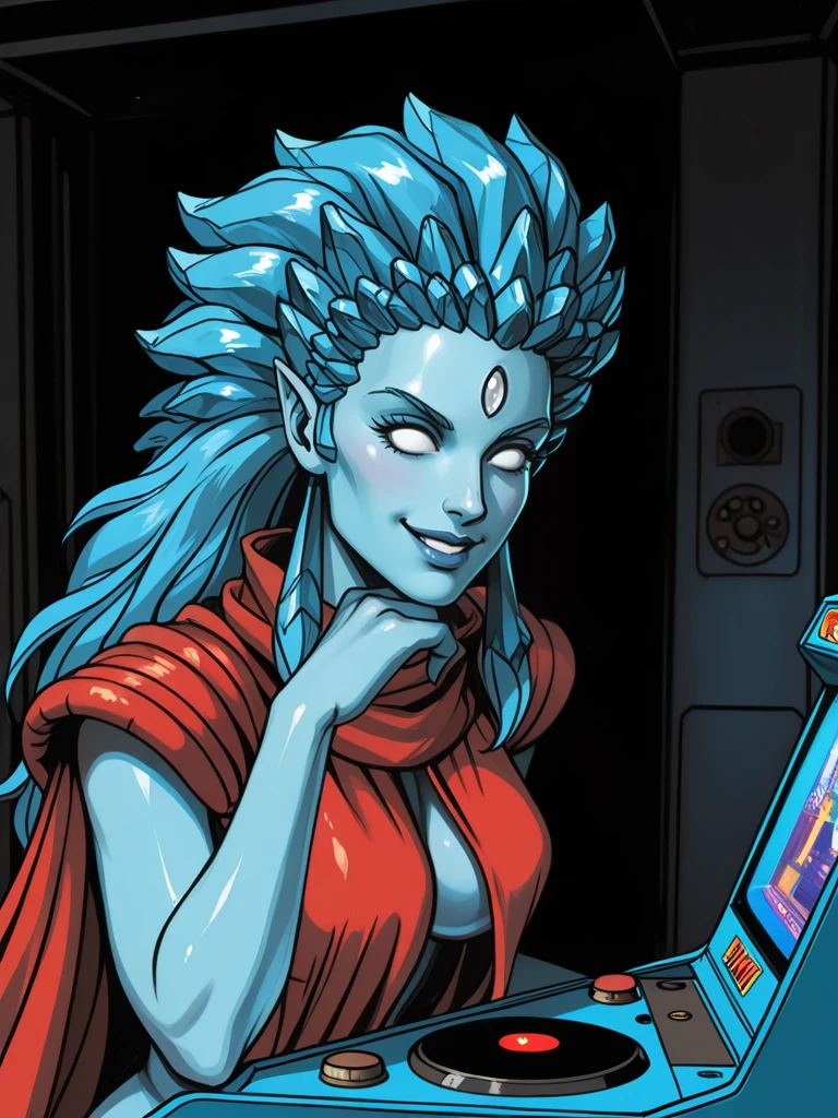 <lora:Thousand-Faceted_Nelumbo__Exalted:0.7>
nelumboexalted,,colored skin, blue skin, white eyes, no pupils,long hair, blue hair,,forehead mark,forehead jewel,jewelry,,cape
solo in a 1980s arcade, video arcade machine, smiling, flirting, looking at viewer