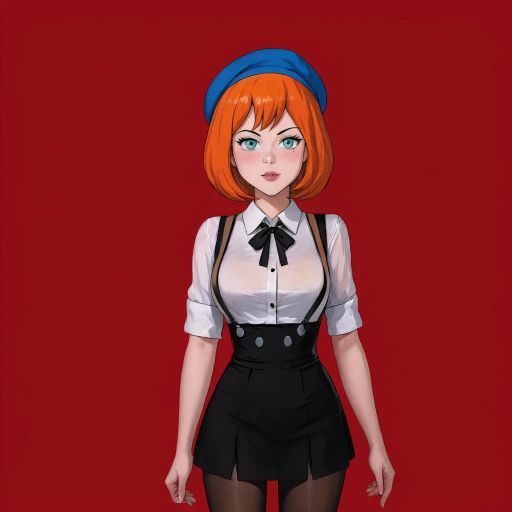 <lora:Sheila_pony_v1:.8>Sheila, 1girl, orange hair, short hair, blue eyes, cowboy shot, <lora:0902 Home wear 5_v1_pony:1> ruanyi0902,beret,black ribbon,collared shirt,black pantyhose,high-waist skirt,white shirt,suspenders