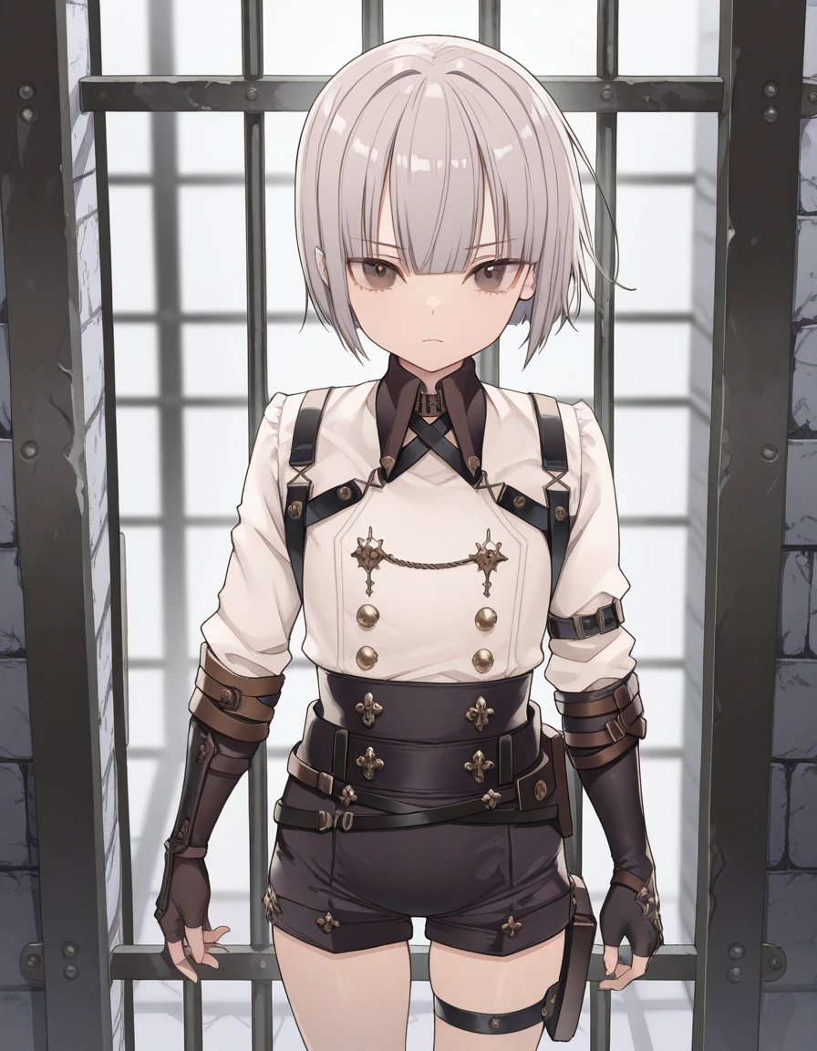 masterpiece, best quality, amazing quality,, <lora:towatsugai-suzume-illustriousxl-lora-nochekaiser:1>, suzume, short hair, bangs, brown eyes, grey hair, androgynous,, shirt, gloves, long sleeves, white shirt, shorts, black gloves, collared shirt, belt, fingerless gloves, thigh strap, black shorts, single glove, from above,, prison, bars, cells, guards, confined, cowboy shot, solo, looking at viewer