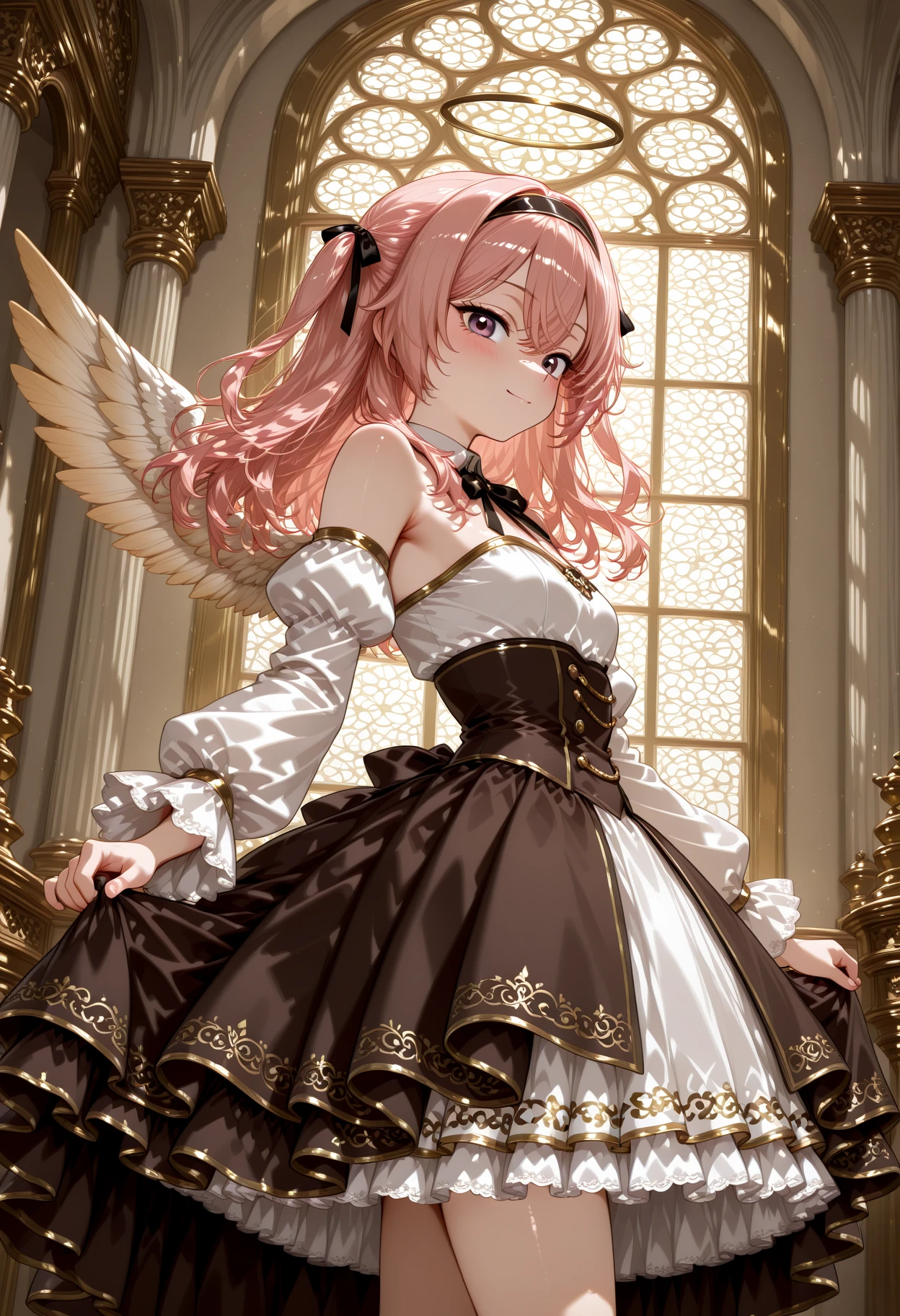 masterpiece, best quality, amazing quality, 1girl, solo, makeup, perspective, general, looking at viewer, dynamic angle, upper body, from side, serene smile, cathedral, indoors, sunlight, holy, window, blush, posing, holy_posing, looking at viewer, gugugu_(enigma0009) <lora:Inui Sajuna illu:1>, aasajuna, pink eyes, purple eyes, pink hair, long hair, two side up, hair between eyes, bangs, <lora:Latte_Seraphim_Angel_Dress:1>, Latte_Seraphim_Angel_Dress, long sleeves, puffy sleeves, detached sleeves, frilled sleeves, frills, brown dress, white dress, long layered dress, frilled dress, angel wings, bow, hairband, ribbon, detached collar, ((high-low skirt)), corset, bare legs, black footwear, high heels, halo, <lora:wai-Rectified-s:1>, <lora:prompt_extend:1>