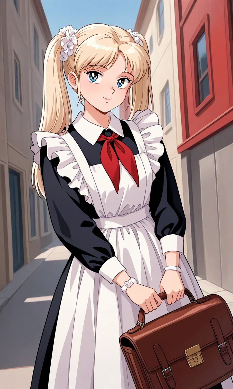 woman walking down a street,ussr,1girl, solo, blue eyes, outdoors, blonde hair, looking at viewer, school bag,day,1girl, long hair, twintails, blonde hair, white scrunchie, blue eyes, school uniform, red neckerchief, collared dress, black dress, frills, white apron, long sleeves, white wristband,1940s fashion style,vintage, female