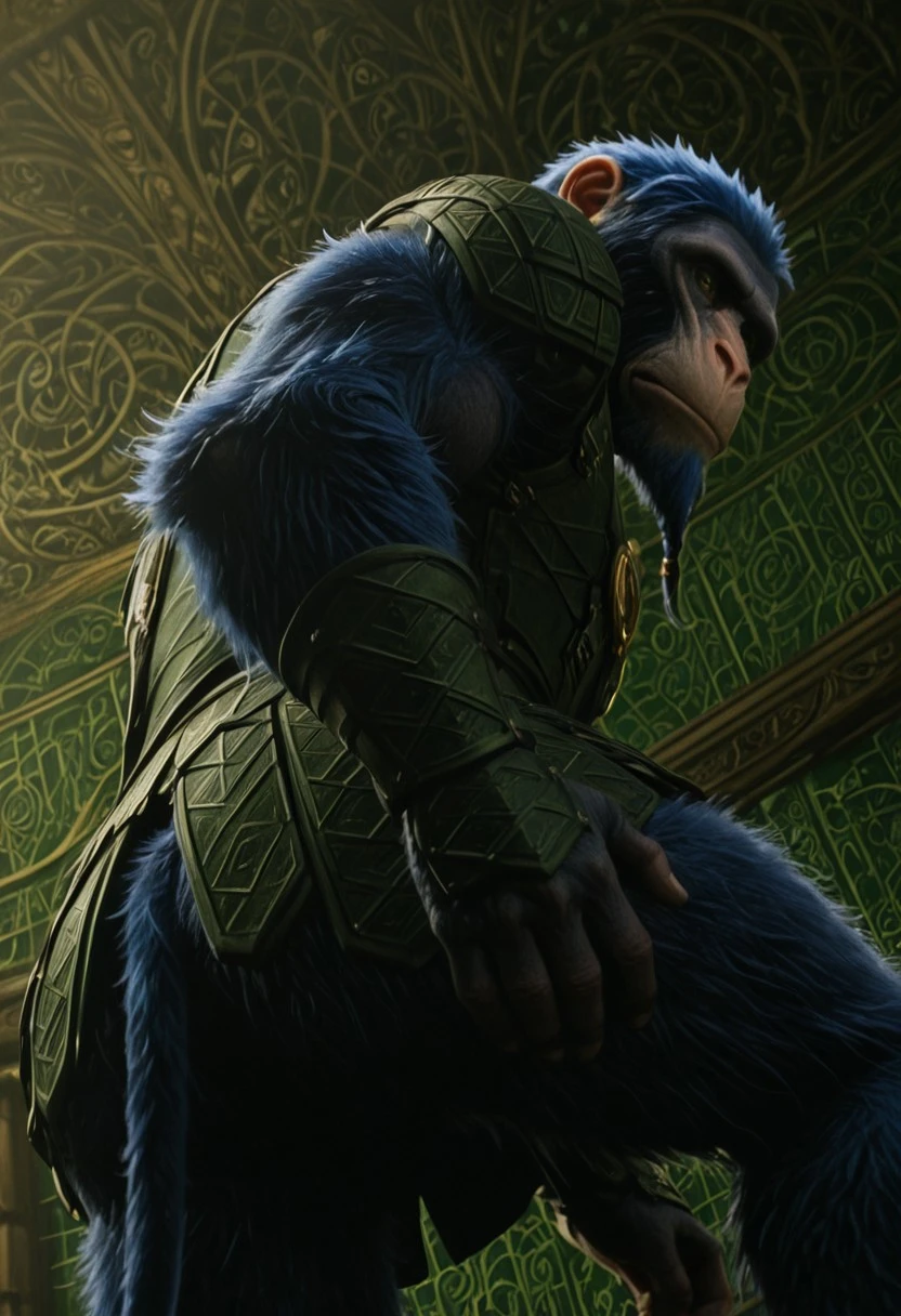 chistery_wicked, 1boy, male ape, furry, blue fur, scarred face, ape ears, blue hair, green and orange eyes (heterochromia), short braided beard, blue wings, long blue tail, green armor (golden plate on chest), green bracers,
score_9_up, score_8_up, score_7_up, BREAK, solo, from behind, looking back, from below, low-angle shot, ass focus, head tilt, looking at viewer, ultra detailed, detailed background, masterpiece, best quality, 8k, Expressiveh, realistic, 3d, green palace,
