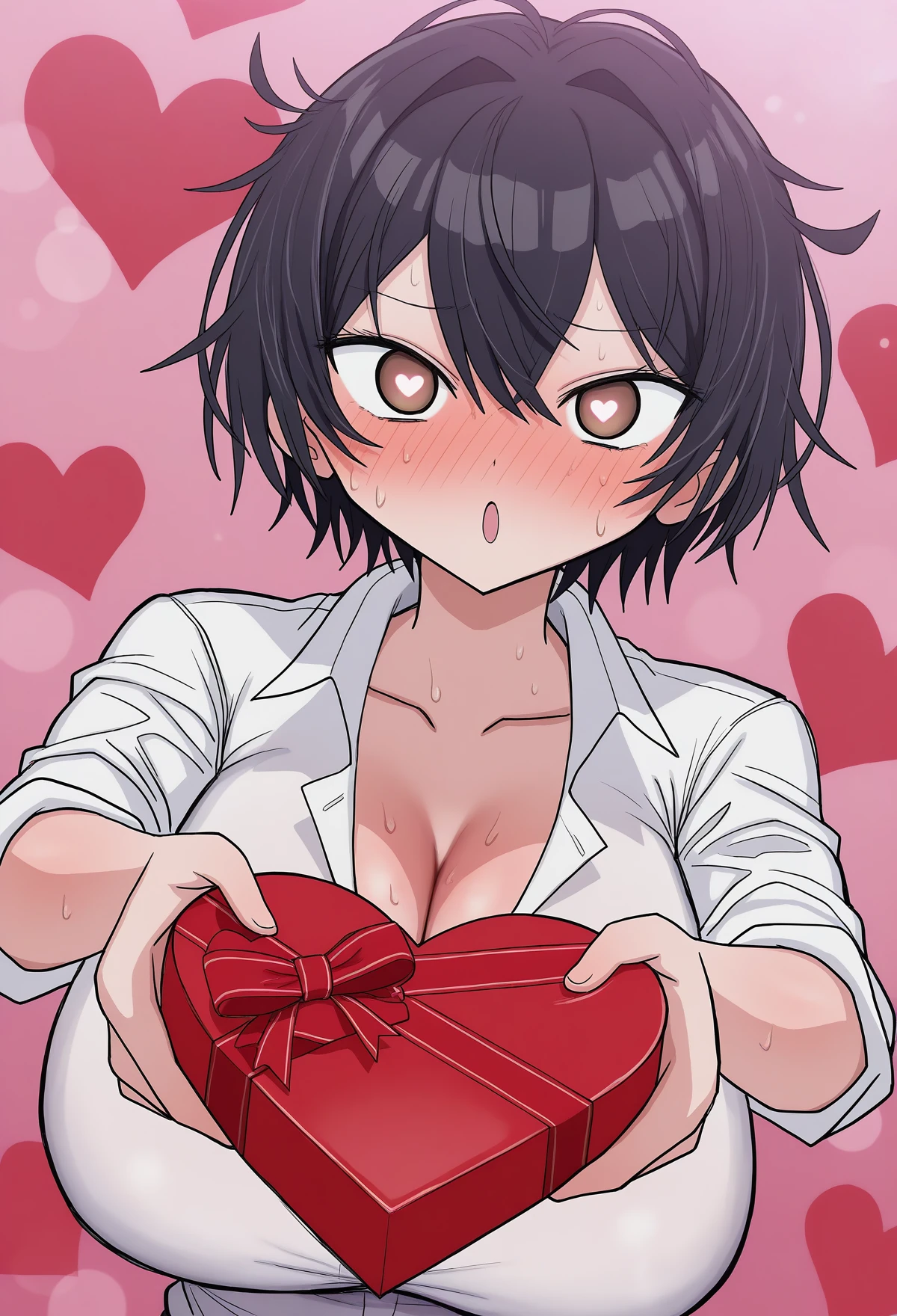 <lora:MCNsSuppaiV2d1:1> MCNs5upq4i, 1girl, solo, (huge breasts:1.2), looking at viewer, blush, open mouth, white shirt, black hair, holding gift, hair between eyes, cleavage, brown eyes, collarbone, upper body, heart-shaped pupils, sweat, blurry background, sweatdrop, symbol-shaped pupils, depth of field, messy hair,gift box, sleeves rolled up, valentine, heart-shaped box, incoming gift, short hair, dutch angle, pink background, heart background, lens flare