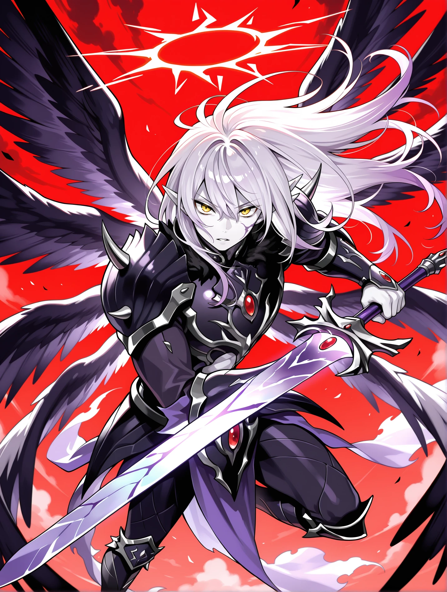 1boy, the first darklord, solo, purple sword, holding purple sword, floating hair, white skin, looking at viewer, spikes, parted lips, from above, male focus, angel, black angel wings, black armor, black armored boots, black breastplate, black pauldrons, black vambraces, purple pelvic curtain, multiple wings, fighting stance,red sky,
masterpiece,best quality,amazing quality,very aesthetic,absurdres,newest,<lora:The first DarkLord illusXL v1:0.77>,<lora:wai-2Rectified-V140:0.7>,
