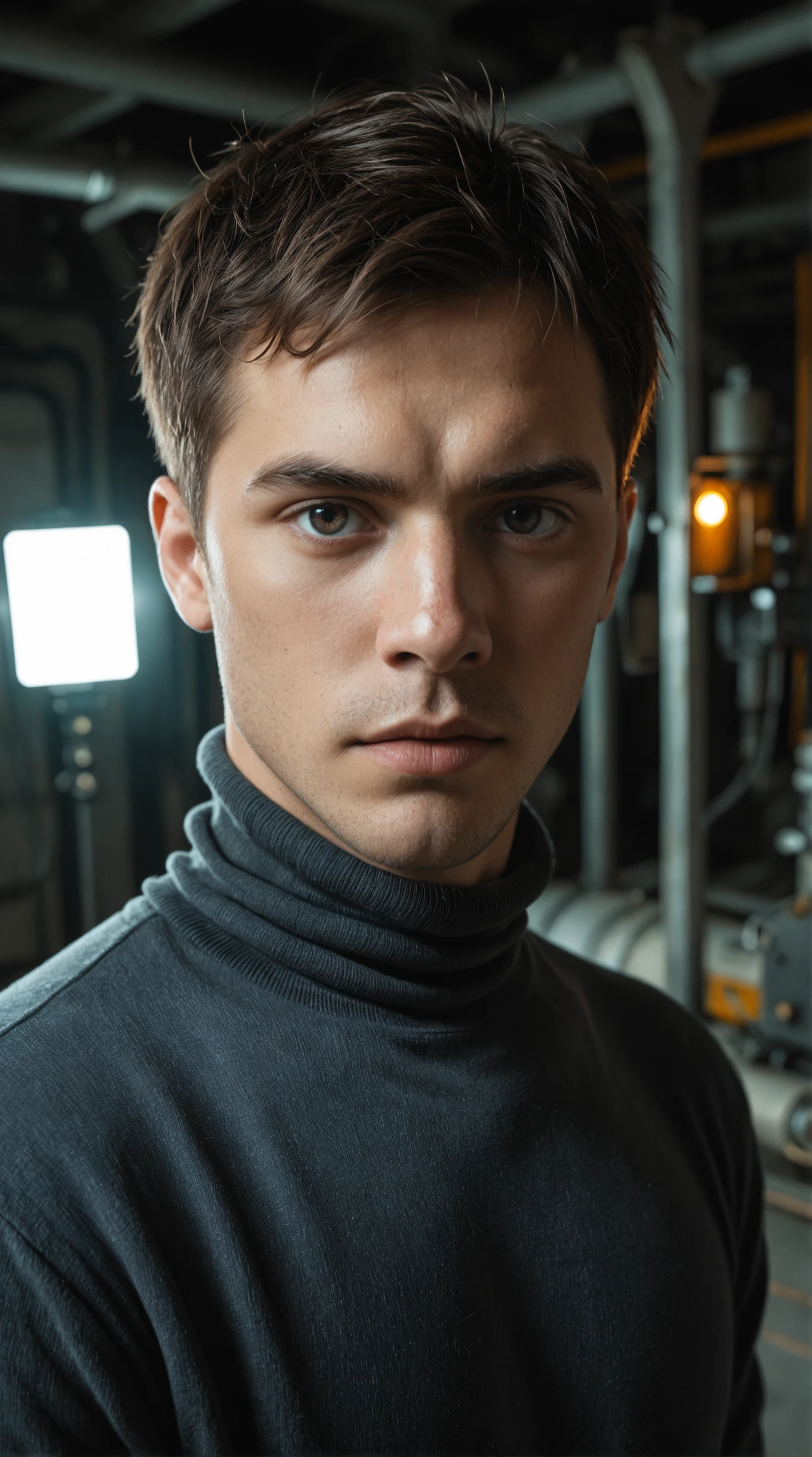 masterpiece, detailed_eyes, high_quality, best_quality, highres, absurdres, 8k, 1boy, solo, looking at viewer, industrial area background, studio lighting, turtleneck, short hair, clean composition, editorial style, dramatic lighting