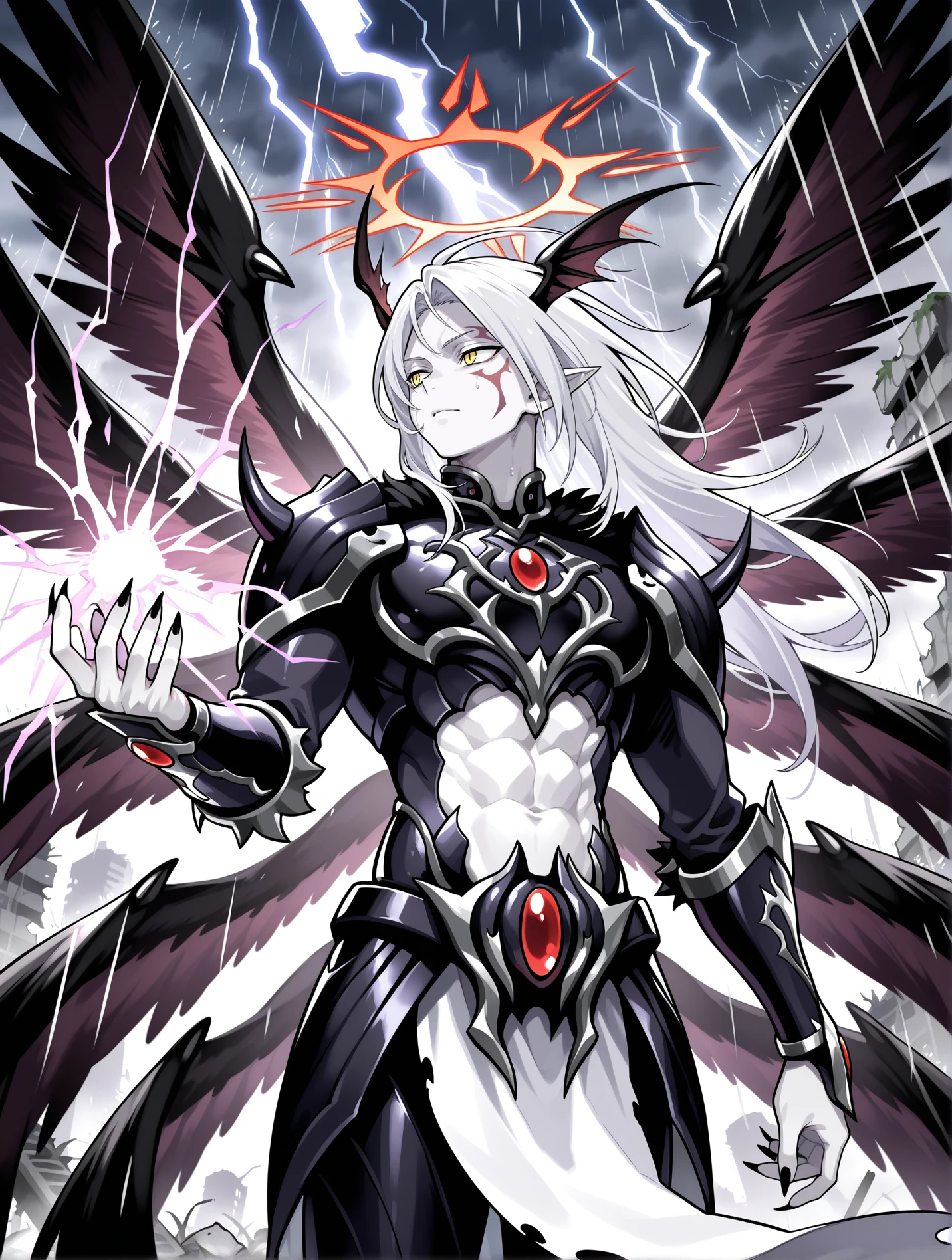 1boy, the first darklord, male focus, solo, red halo, white skin, navel, fingernails, facial tattoo, abs, lightning, black head wings, sharp fingernails, closed mouth, angel, black angel wings, black armor, black breastplate, black pauldrons, black vambraces, white pelvic curtain, multiple wings, from below, energy on hand, looking to the side,rain,ruins,
masterpiece,best quality,amazing quality,very aesthetic,absurdres,newest,<lora:The first DarkLord illusXL v1:0.77>,<lora:wai-2Rectified-V140:0.7>,