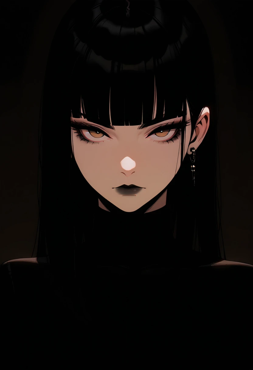 masterpiece, best quality, amazing quality, GTHAN, 1girl, solo, long hair, looking at viewer, simple background, black hair, closed mouth, jewelry, earrings, blunt bangs, makeup, black background, portrait, black lips