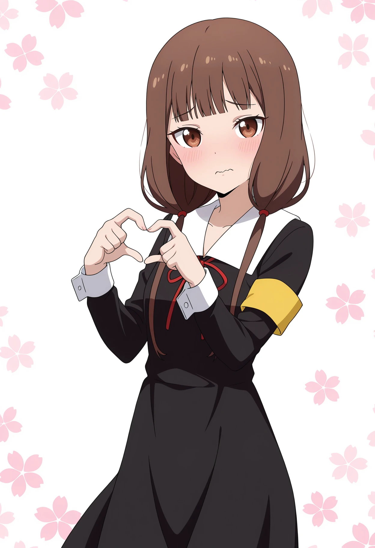 anime screencap, masterpiece, best quality,
<lora:Kaguya-samaWaKokurasetai_IinoMiko_IlluXL:0.9>,
1girl, solo, closed mouth, wavy mouth, blush,
low twintails, blunt bangs, long hair, brown hair, brown eyes, hair tie,
white collar, neck ribbon, red ribbon, medium dress, black dress, long sleeves, yellow armband,
heart hands,
standing, looking at viewer, cowboy shot,
floral background, white background