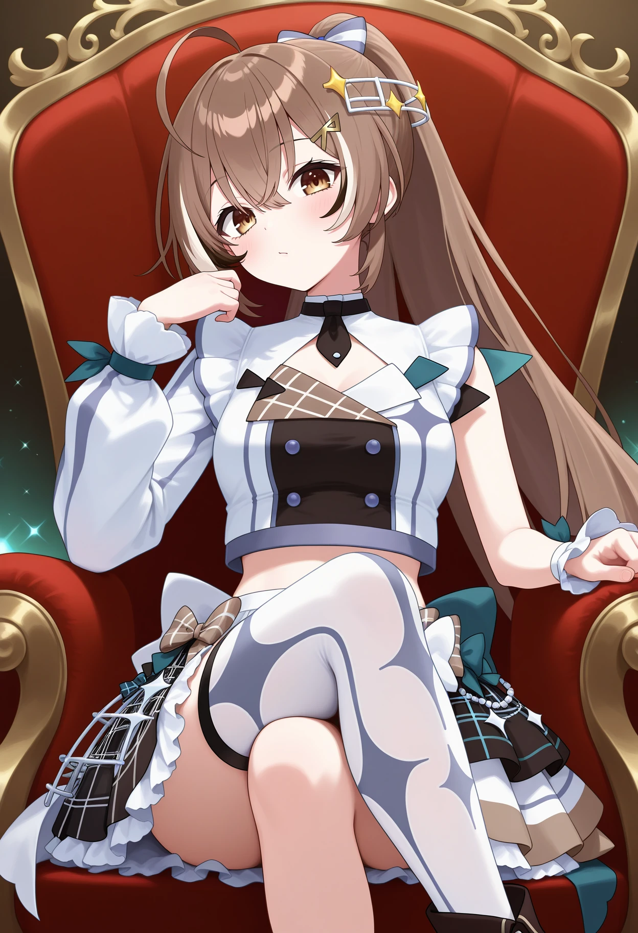 best quality, masterpiece, 1girl, eemumei, long hair, streaked hair, brown hair, ponytail, brown eyes, ahoge, single thighhigh, frilled skirt, long sleeves, hair bow, hair ornament, hairclip, idol clothes, white shirt, midriff, single sleeve, wrist cuffs, bow, white skirt, multicolored skirt, white thighhighs, <lora:nanashi_mumei_ilxl_v1:0.9>, sitting, crossed legs, throne, asymmetrical footwear,