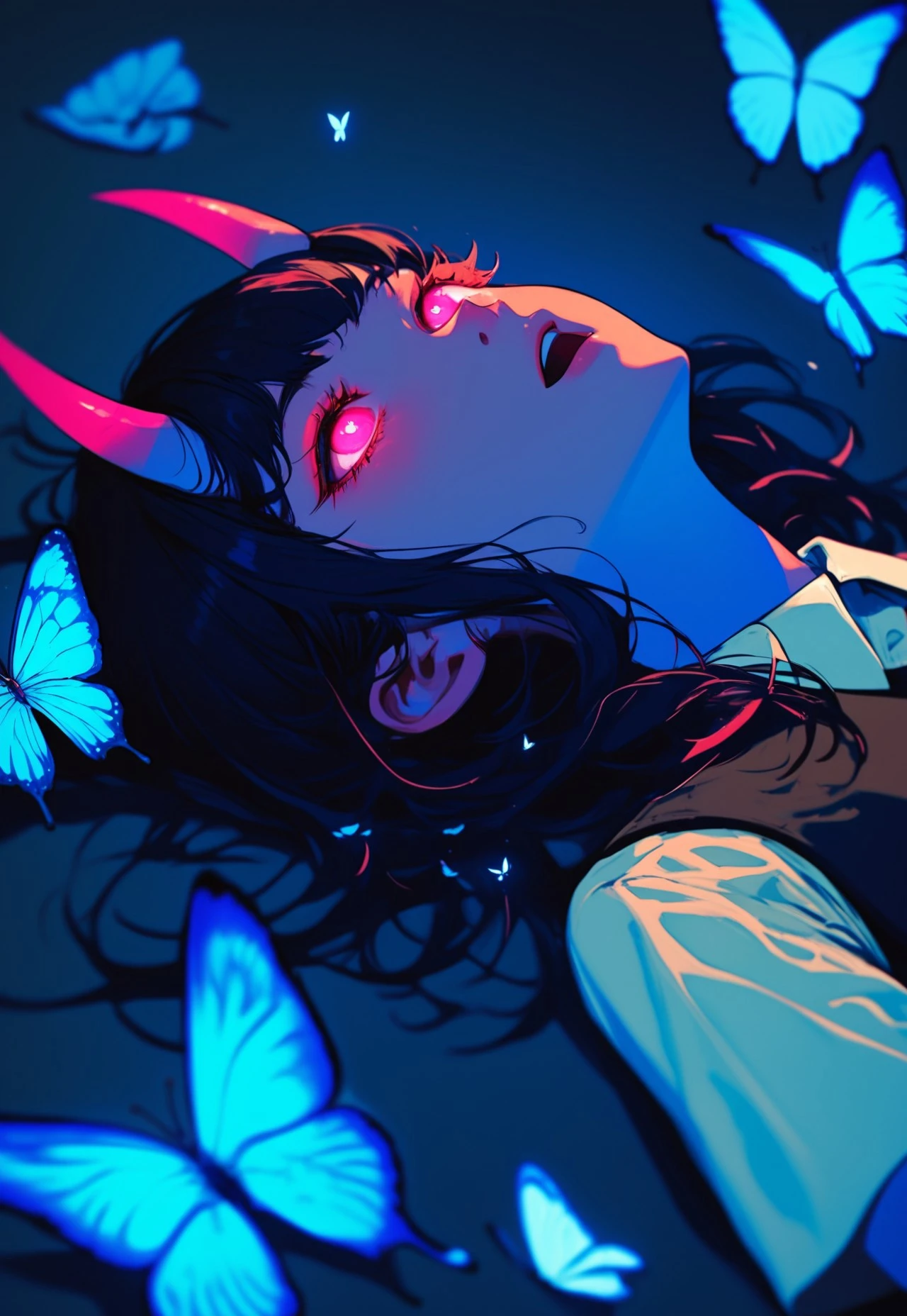 score_9. score_8_up, score_7_up, 1girl, horns, butterfly, bug, solo, glowing, on back, blue butterfly, lying, blue theme, glowing eyes, shirt, bangs, open mouth, collared shirt, looking up, pink eyes, black hair, medium hair, red eyes, long hair, short sleeves, flower, from side, upper body, white shirt, vest, oni horns, glossy lips, Glo3w, darkness,