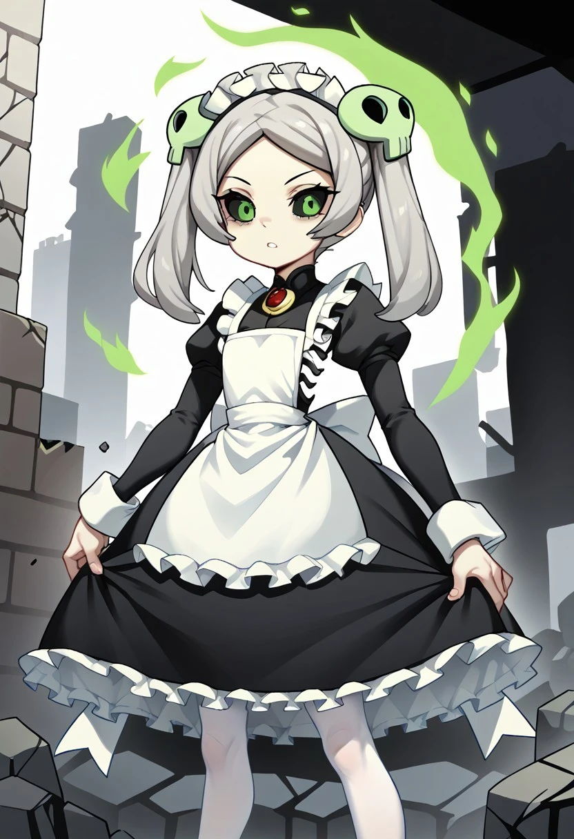 score_9, score_8_up, score_7_up, score_6_up, score_5_up, score_4_up,, 1girl, solo, original anime, grey hair, twintails, skull hair ornament, flat chest (green eyes: 1.1), bright eyes, ((black sclera)), cold gaze, wide eyes, green flash in eye, maid, maid headdress, white apron, black dress, long sleeves, white pantyhose, black footwear,, standing, in front of a ruined school, rubble, broken windows, destroyed building, looking at viewer, green fire,