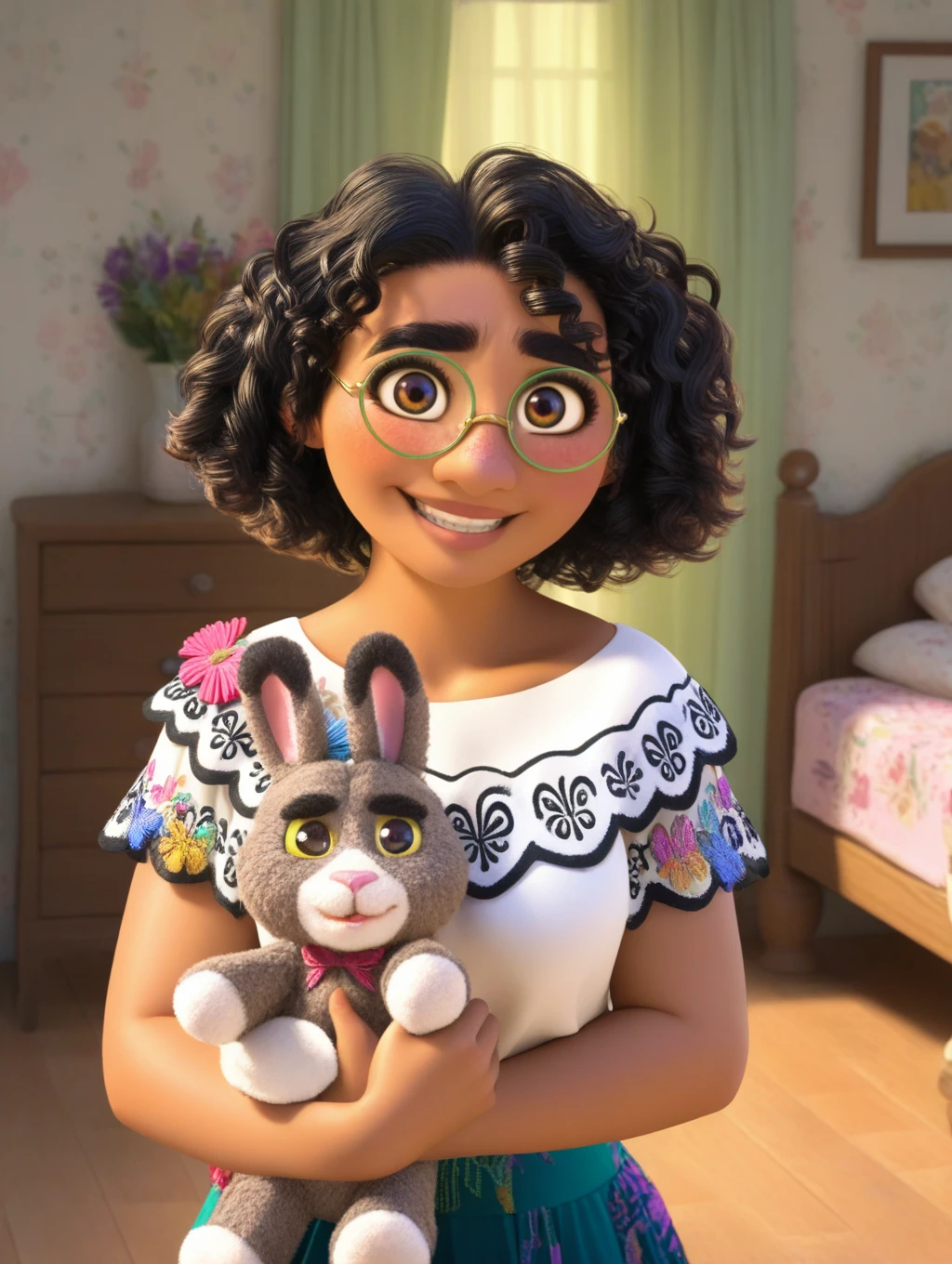 masterpiece, best quality, amazing quality, very aesthetic, absurdres, newest, Mirabel_Madrigal, short hair, curly hair, black hair, green glasses, brown eyes, brown skin, lips, 1girl, looking at viewer, floral print, blue skirt, white shirt, short sleeves, frills, butterfly print, standing, bedroom, embarrassed, smile, teeth, holding rabbit plush, portrait, original style