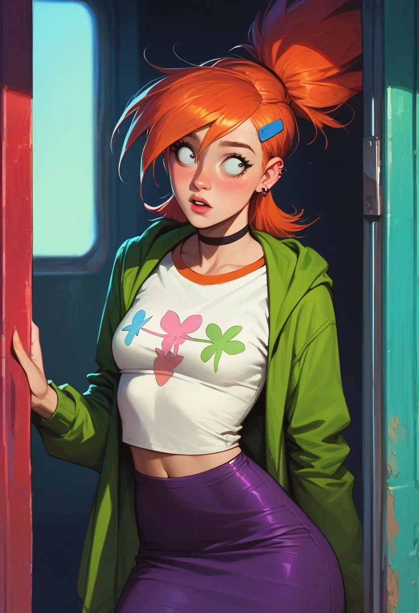 score_9, score_8_up, score_7_up, score_6_up, score_5_up, score_4_up, realistic, beautiful eyes,
1girl, Frankiefoster (/FHfIF)/,(ultra HD quality details), ponytail, hair ornament, earrings, black choker, shirt, green jacket, midriff, purple skirt, small breasts, narrow waist, wide hips, skinny,
mouth opened, hiding, focusing on colorful beetle