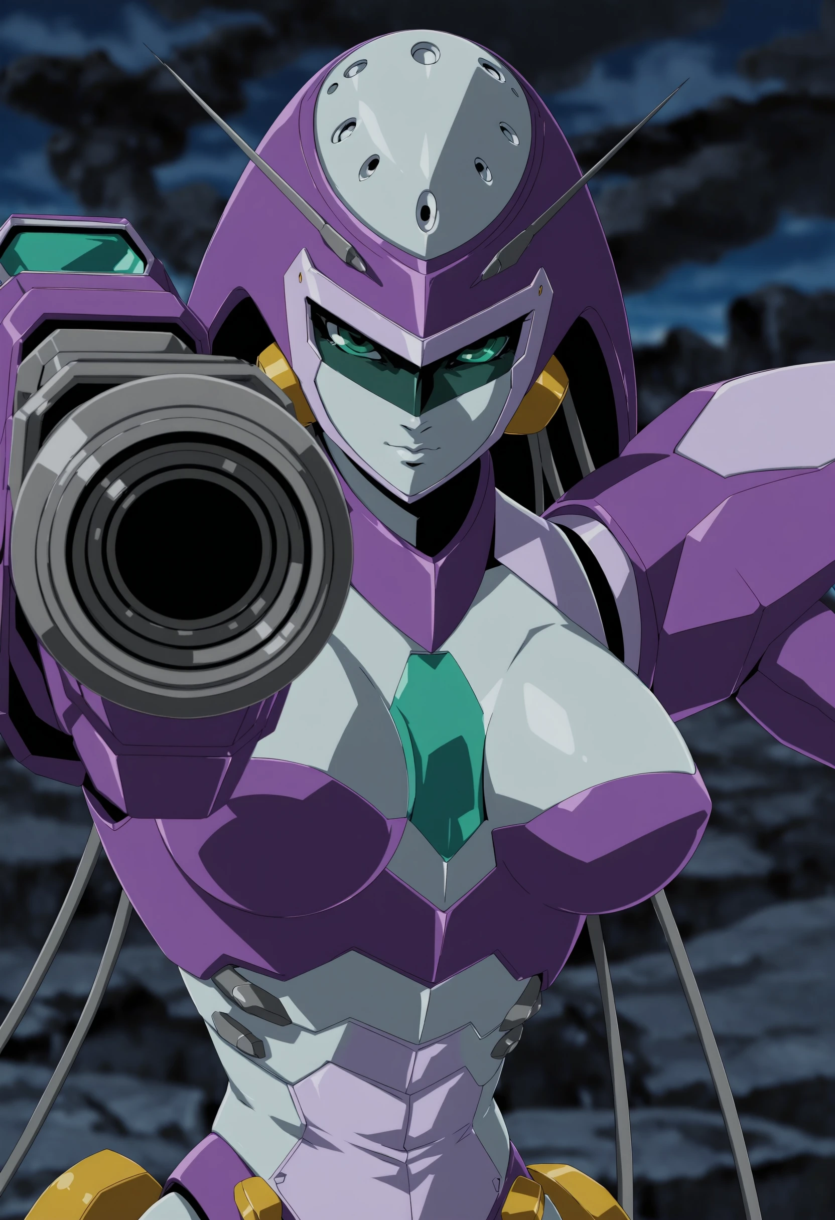 masterpiece, best quality, amazing quality, very aesthetic, absurdres, newest, <lora:CoreGunnerGILf:1> c0ilf, robot, mecha, no humans, 1girl, breasts, green eyes, arm cannon, aiming at viewer, upper body,