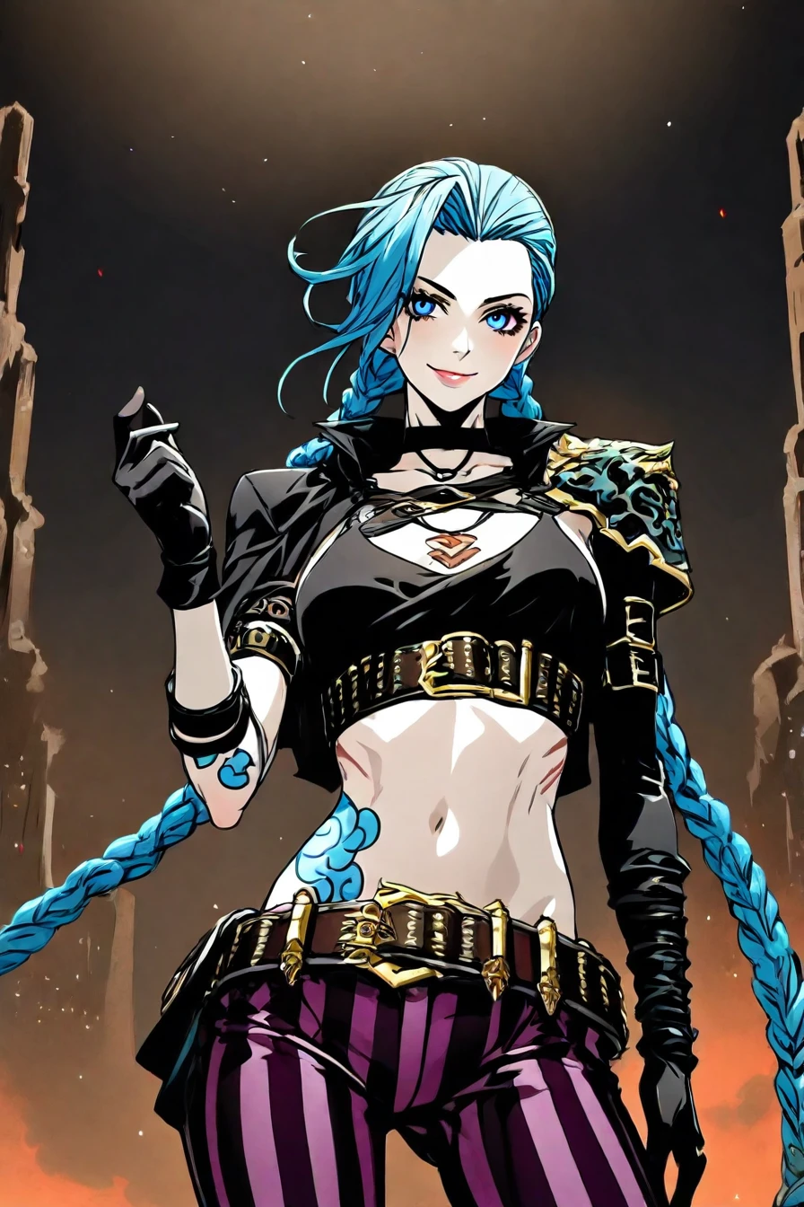 jinx, blue hair, pale skin, choker, smile, blue eyes, long blue twin pigtails, tattoo,crop top, sleeve, armbands, purple striped pants, gloves, belt, 1girl, solo, alone,<lora:dark_fantasy_epic_illustriousXL_by_zura_janai-000029:1>, dark_fantasy_epic, dark fantasy, masterpiece, highres