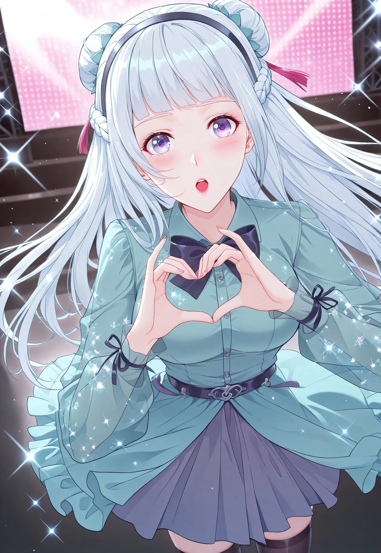 Smooth Quality, highres, hi res, best quality, masterpiece, intricate details, absurdres, 8k, (official art, anime screencap:1.1), glitter, depth of field, pinup, Glamor,
BREAK
BREAK
XJUNXUE, 1girl, white hair, double bun, Long hair, purple eyes, braid, french braid,
BREAK
blue dress,black bowtie,long sleeves,skirt,frilled dress,collared shirt,two-tone dress,belt,black thighhighs,open mouth,hairband,dress,bow,<lora:Fixhands_anime_bdsqlsz_V1:1>,cinematic_angle,dynamic_angle,
concert stage background, face_focus,looking_at_viewer,light_blush,sparkle,portrait,heart hands