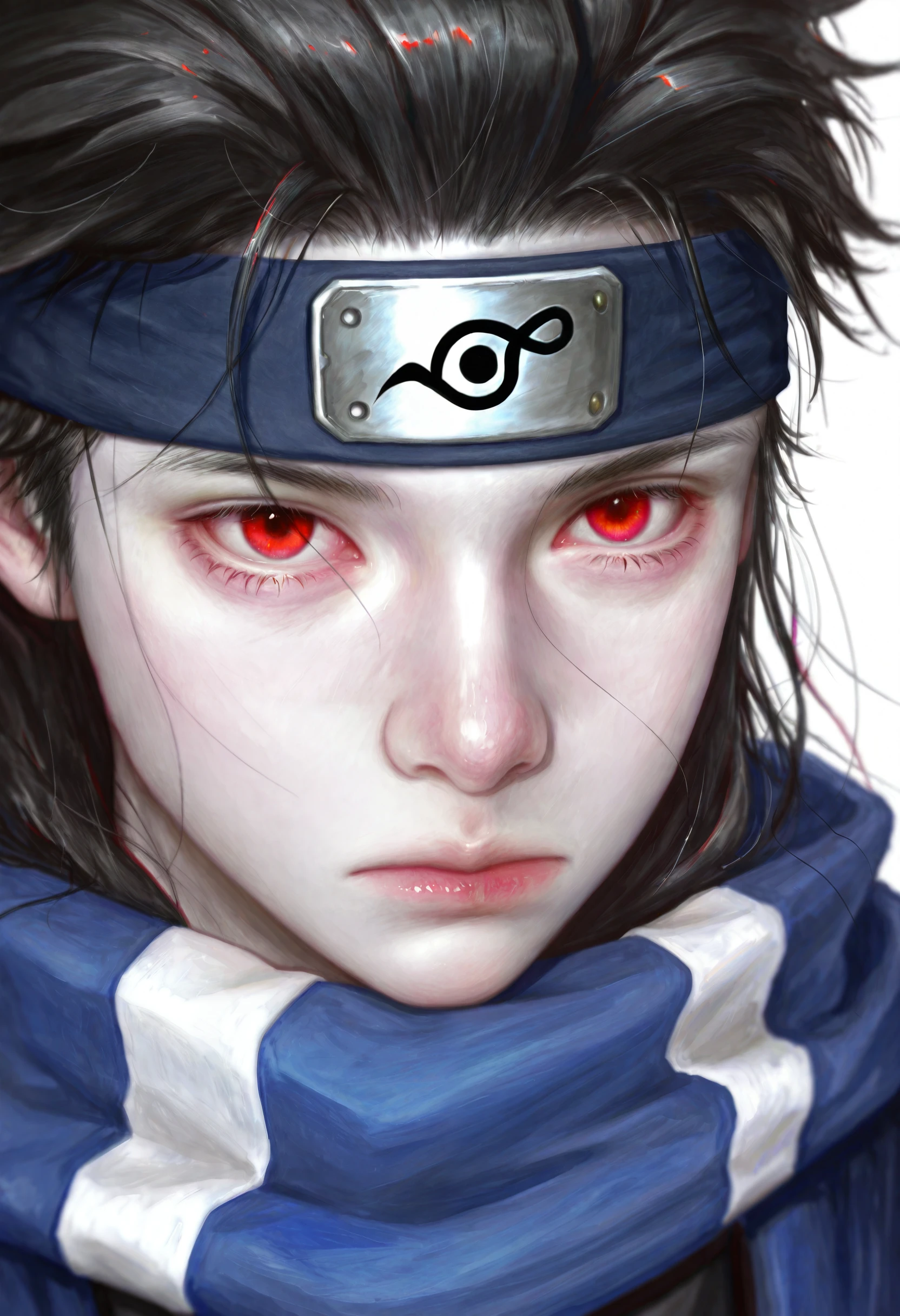 <lora:5p257uY55m95pyI5YWJ-illustriousXL_v01_V4-CAME-000035>, 5p2/57, realistic, 1boy, male focus, forehead protector, black hair, solo, red eyes, ninja, konohagakure symbol, headband, looking at viewer, portrait, closed mouth, expressionless, white background, simple background, pale skin, long hair, scarf