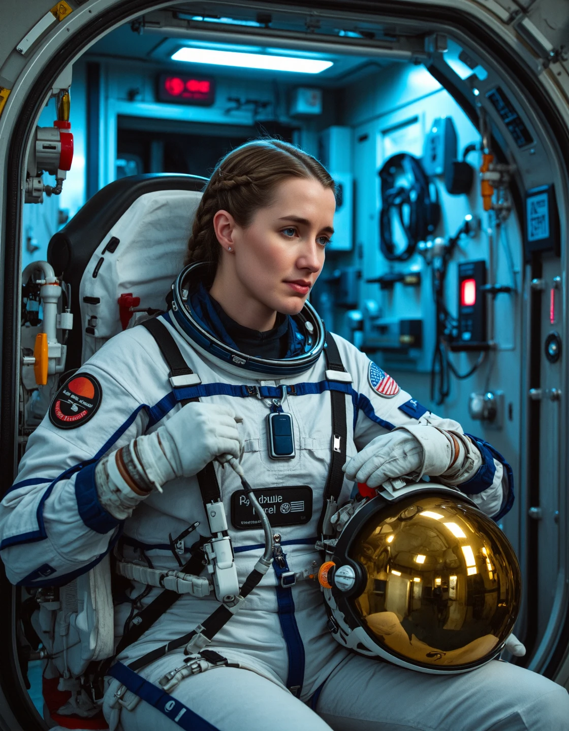 there is a woman 30yo wears intricate astronaut suit, a hyperrealistic astronaut, hyperrealistic astronaut, shuttle launch pad in background, (4 k photorealism)!!!, (4 k photorealism)!!, [ 4 k digital art ]!!, realistic shaded perfect body, realistic anime 3 d style, ultra realistic picture, anime highly detailed, ((photorealistic:1.5 )), (photorealism:1.5 ), ( 8k, raw photo, highest quality, masterpiece), high detail raw color photo professional photo, realistic, (highest quality), (best shadow), ultrahigh resolution, photo, masterpiece, realistic, realism, high contrast, 8k hd high definition detailed realistic, detailed, hyperdetailed, best quality, f lens, rich colors, (cinestill 800)